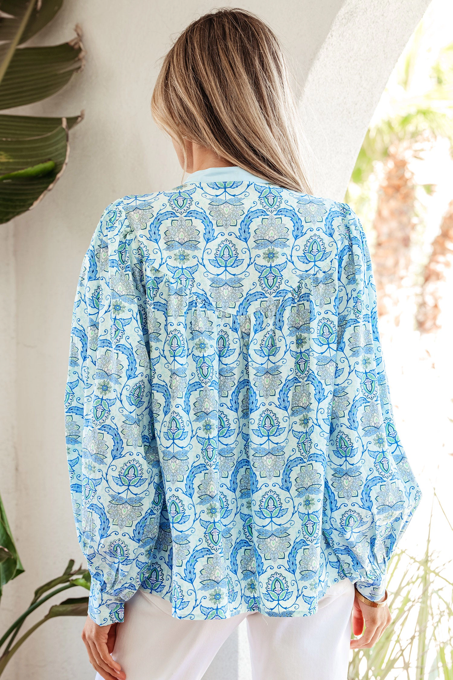 Threaded Pear Womens Micah Puff Sleeve Loose Shirt - Paisley Print, Sky Blue
