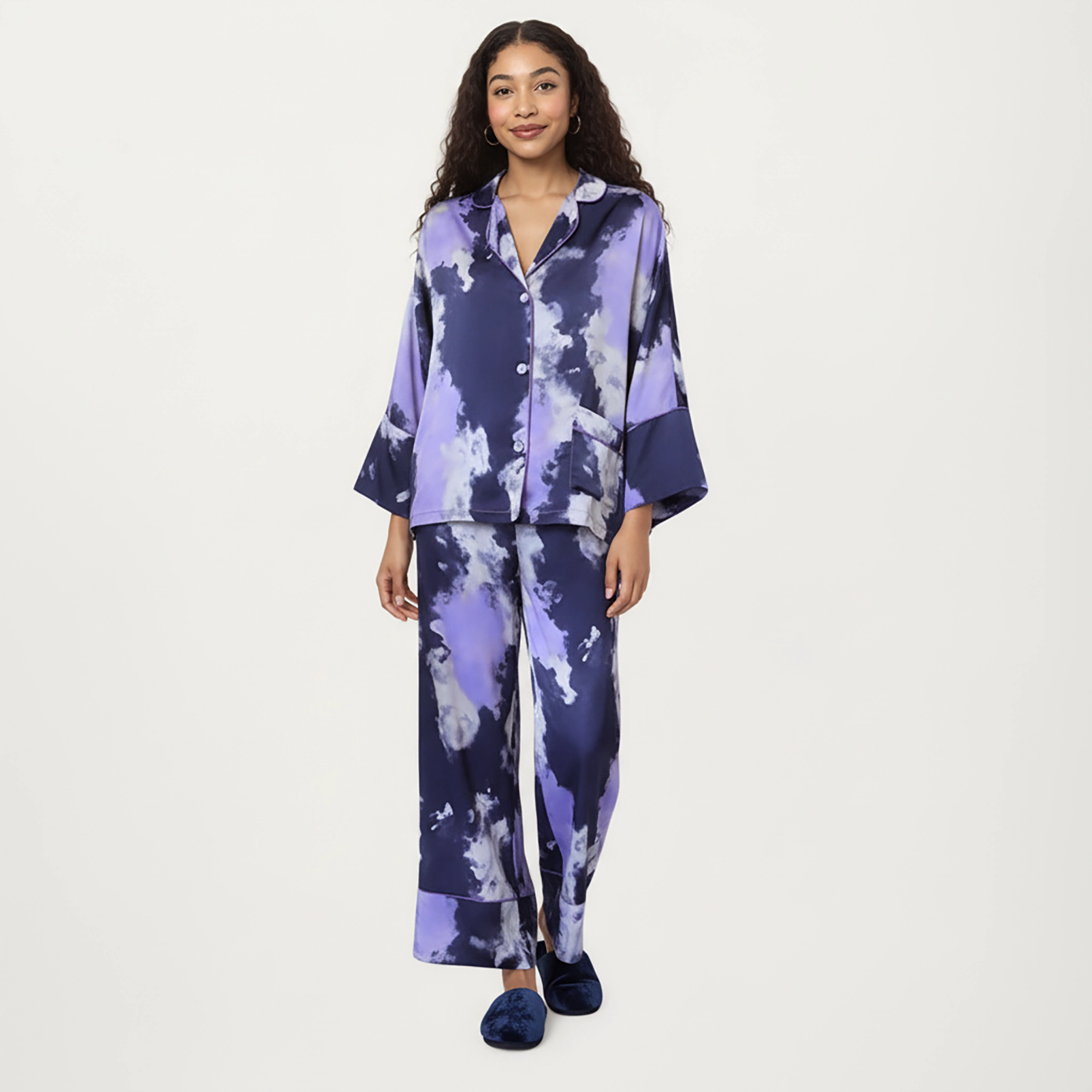 Anna-Kaci Women's Satin Pajama Set with Cloud Print Long Sleeve Button Top and Wide Leg Pants