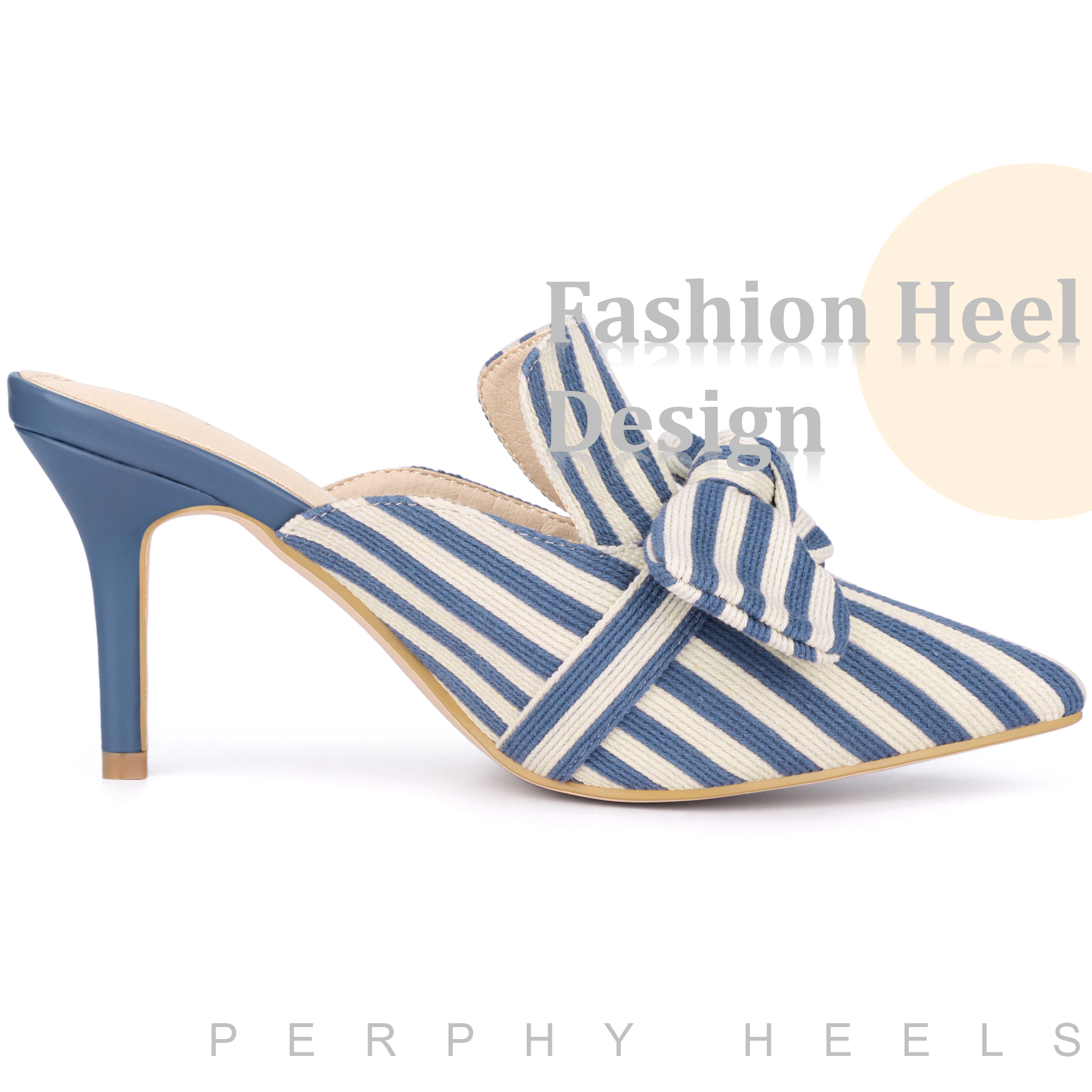 BLISSFUL STEP Women's Bow Stripe Pointed Toe Slip-on Heel Pumps Slides Mules