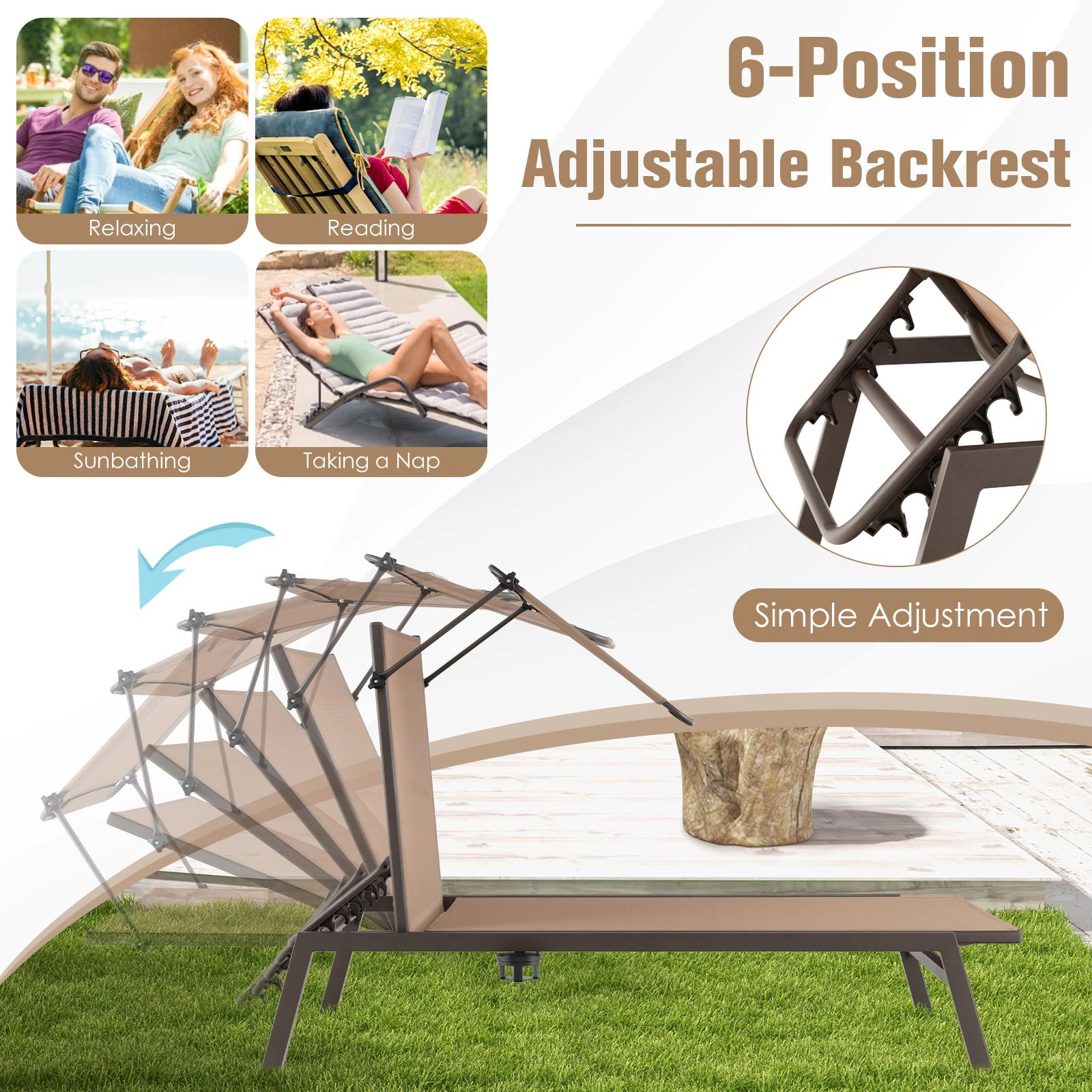 SlickBlue Reclining Patio Lounger with 6 Position Backrest and Breathable Fabric