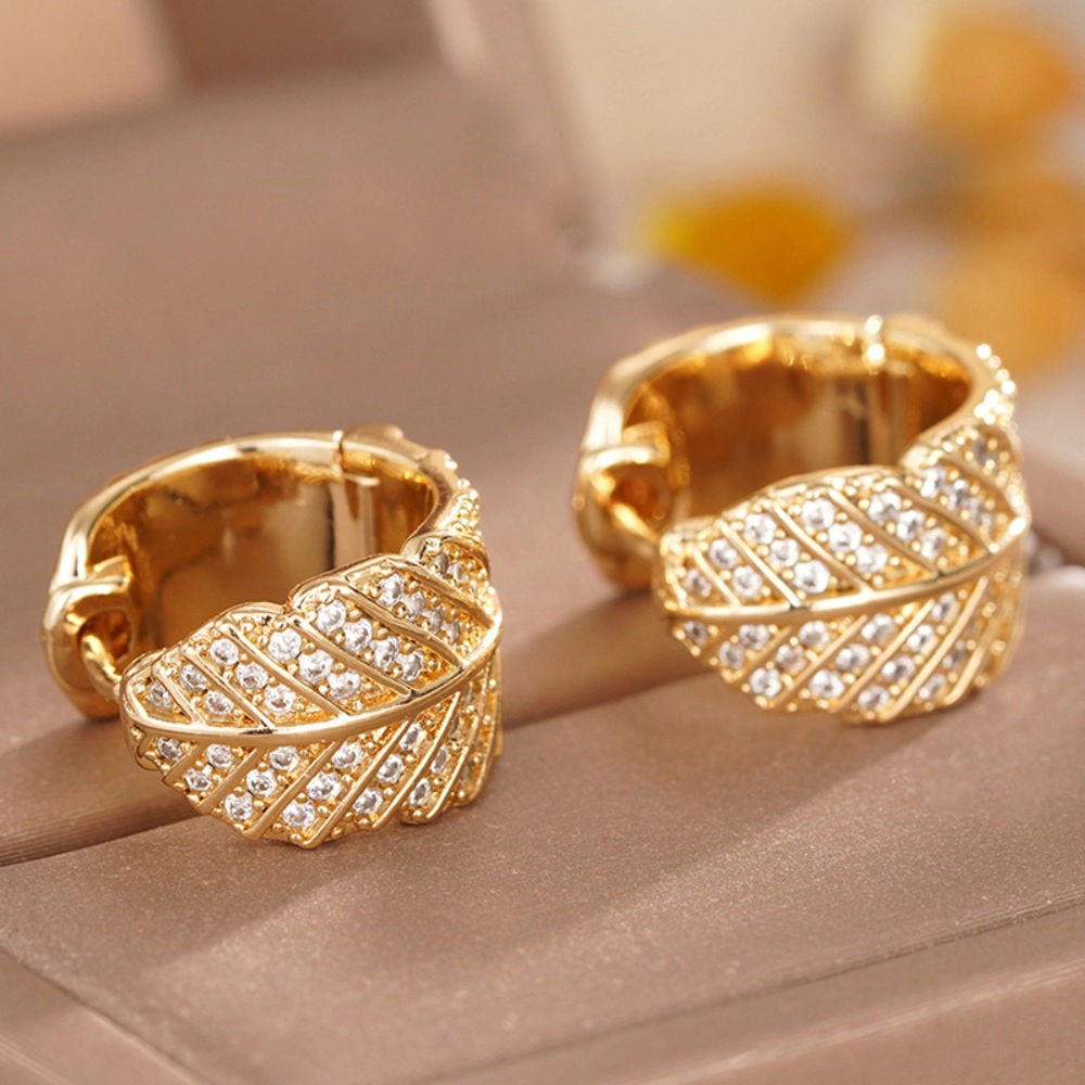 Wardrobe Whimsy Full Paved Leaf Hoop Earrings Cubic Zirconia Gold Tone Earrings for Women