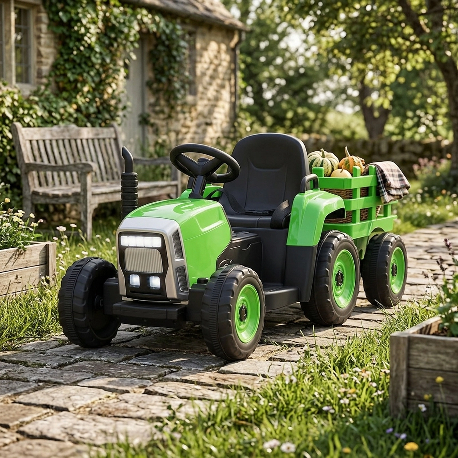 12V Kids Ride on Tractor Detachable Trailer 3-Gear Shift Handle 2.4G Remote LED Lights Ages 3+ 66-lb Capacity