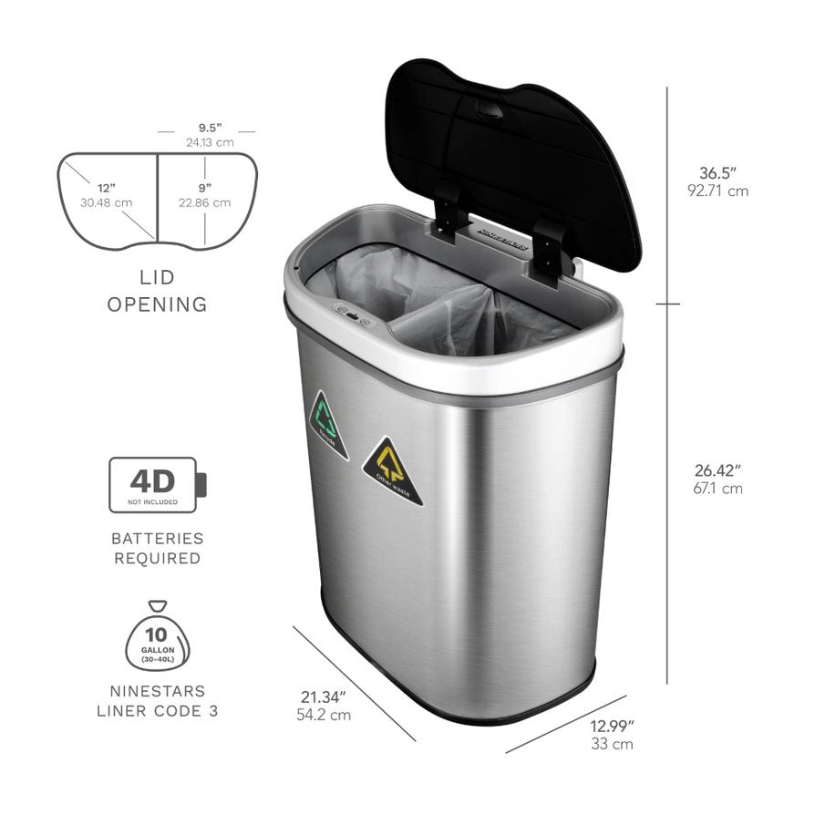 Ninestars Classic Dual-Compartment 18.5-Gallon Stainless Steel Motion Sensor Trash Can