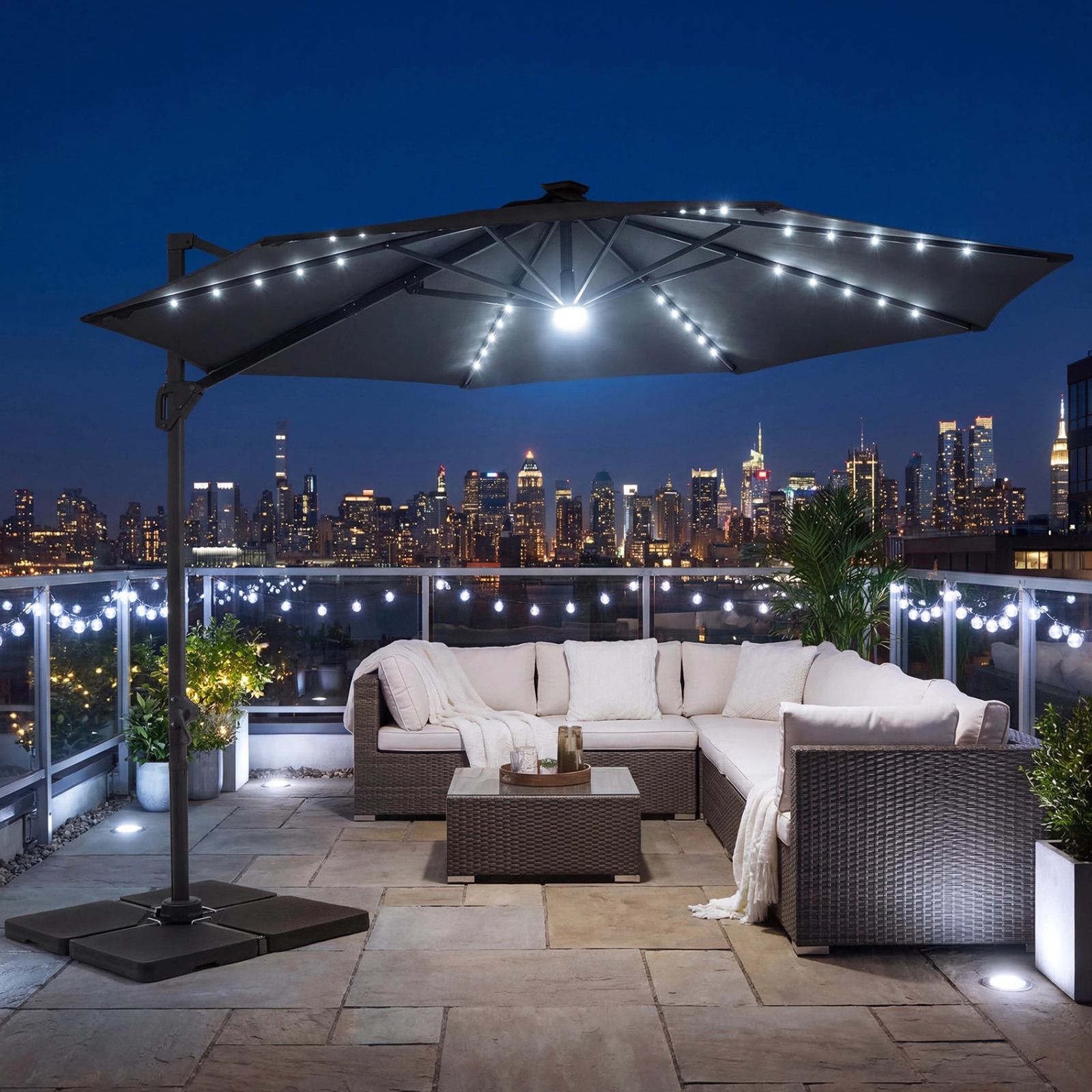 SUGIFT Solar LED Cantilever Patio Umbrella with 10-ft Canopy 360° Rotation Gray