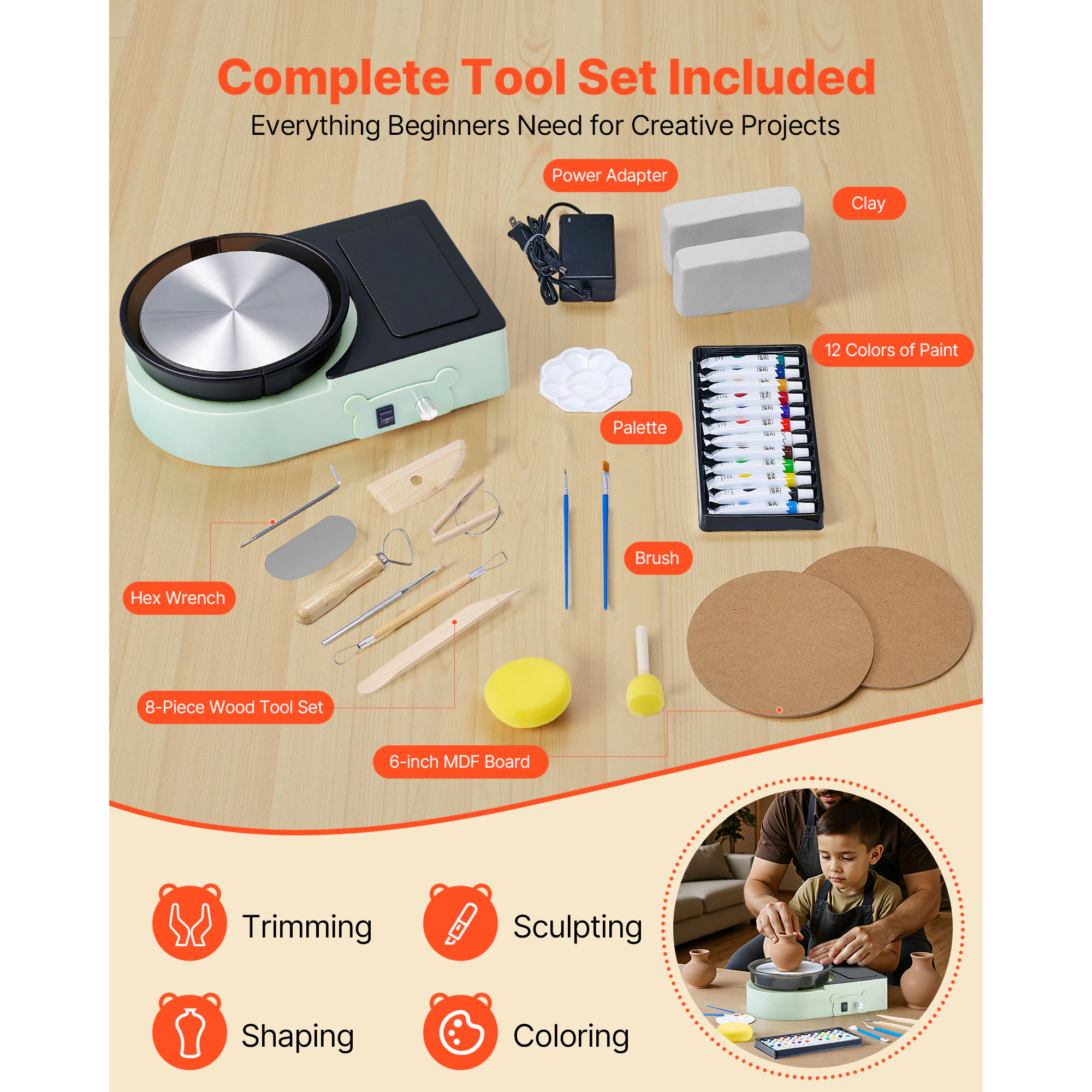HONGGE Mini Pottery Wheel 6 inch Turntable Forward and Reverse Rotation Adjustable Speed Electric Clay for Kids