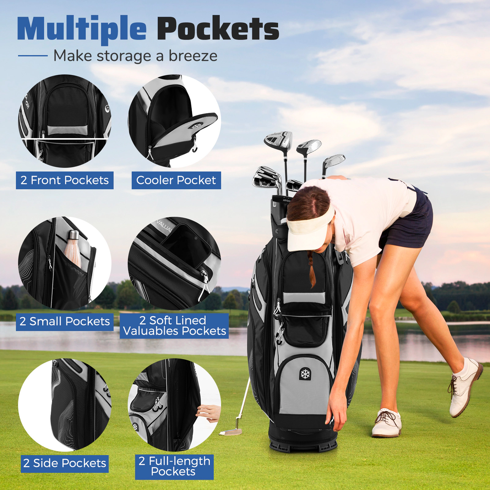 SUGIFT Molded Lock Top Golf Cart Bag 14-Way Full Length Dividers 11 Pockets 5.7-lb Polyester Sports Bag Black White Gray