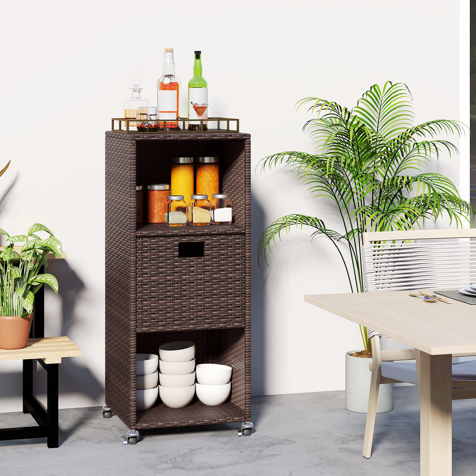 SUGIFT Hand-Woven PE Rattan Outdoor Storage Cabinet Drawer 3 Shelves 80-lb per Shelf 16 x 16 x 39.5-in Mix Brown