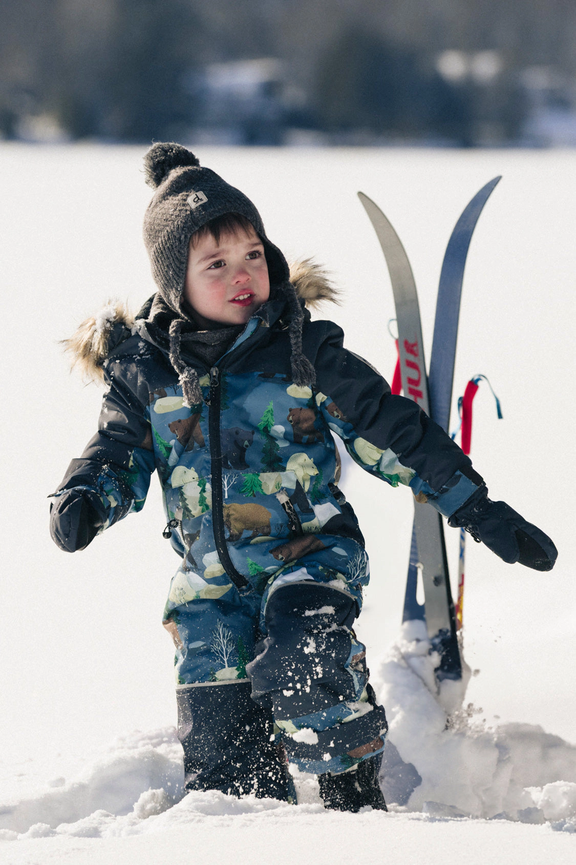 Deux par Boys Bear Print One Piece Discover Snowsuit with Detachable Hood