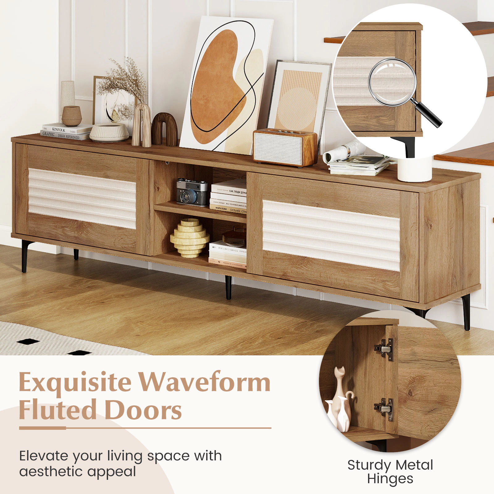 Glintex 63-Inch TV Stand with Waveform Fluted Doors and Open Shelves, Oak