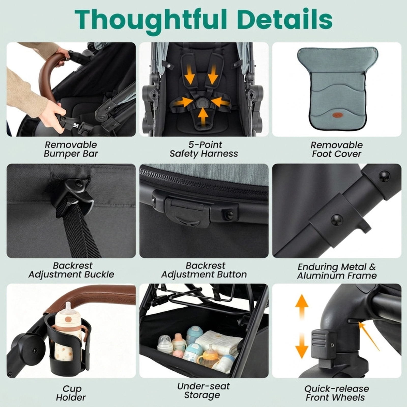 SUGIFT Turquoise 33-lb Capacity 2-in-1 Convertible Baby Stroller with Reclining Seat and Car Seat Adapters