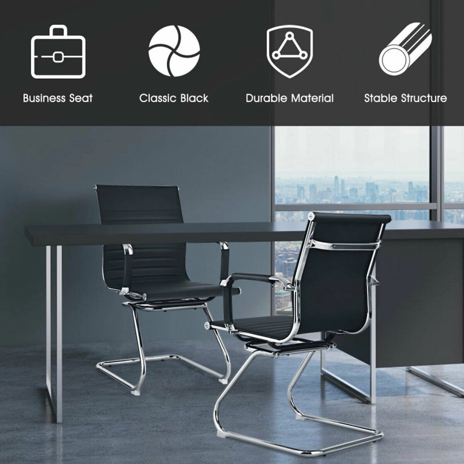 SUGIFT Set of 2 Heavy Duty PU Leather Conference Chairs with Armrests 265-Lb Capacity Black