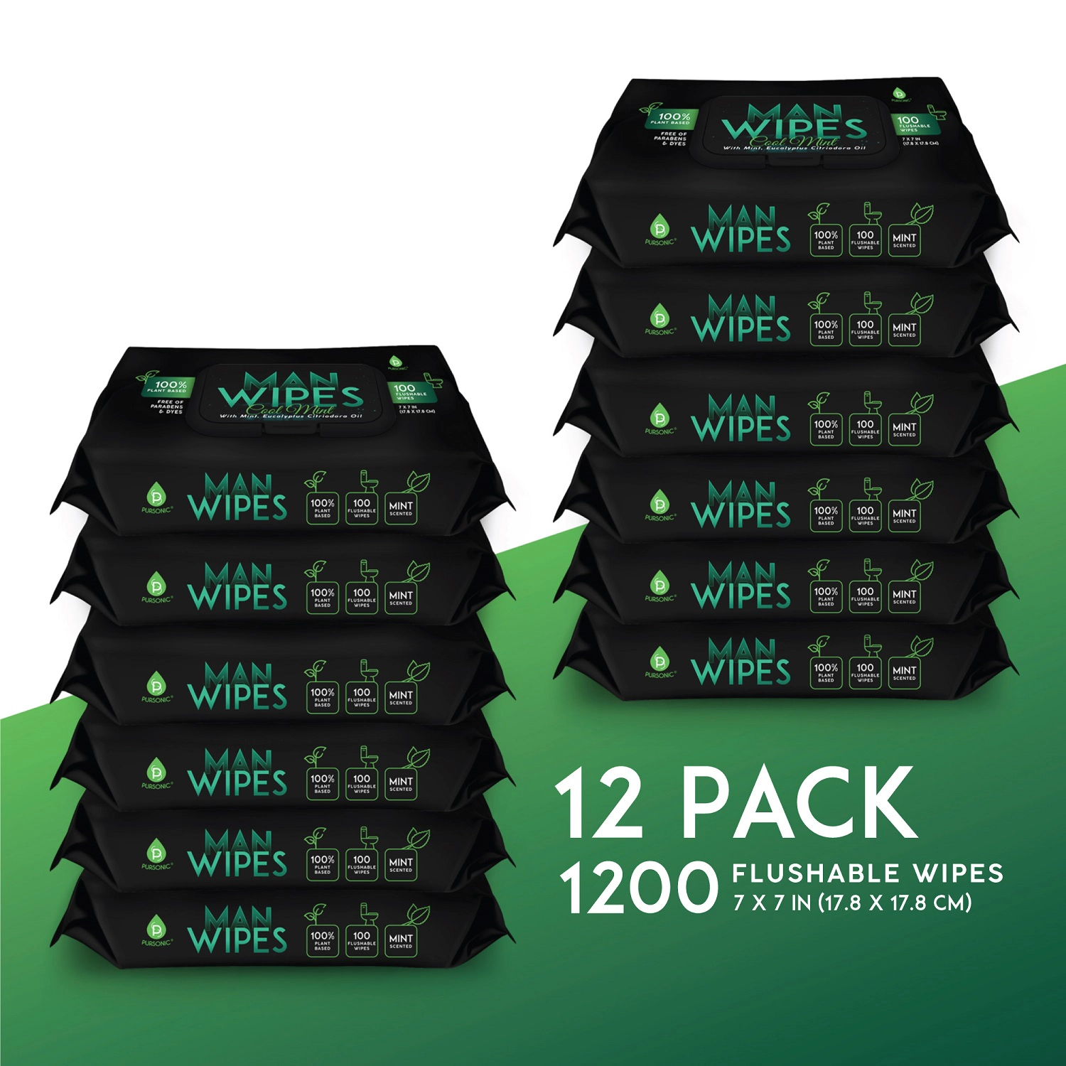 Pursonic Men's Flushable Man Wipes – 12 Pack Mint Scented Extra Large Body Cleaning Wipes (1200 Count)