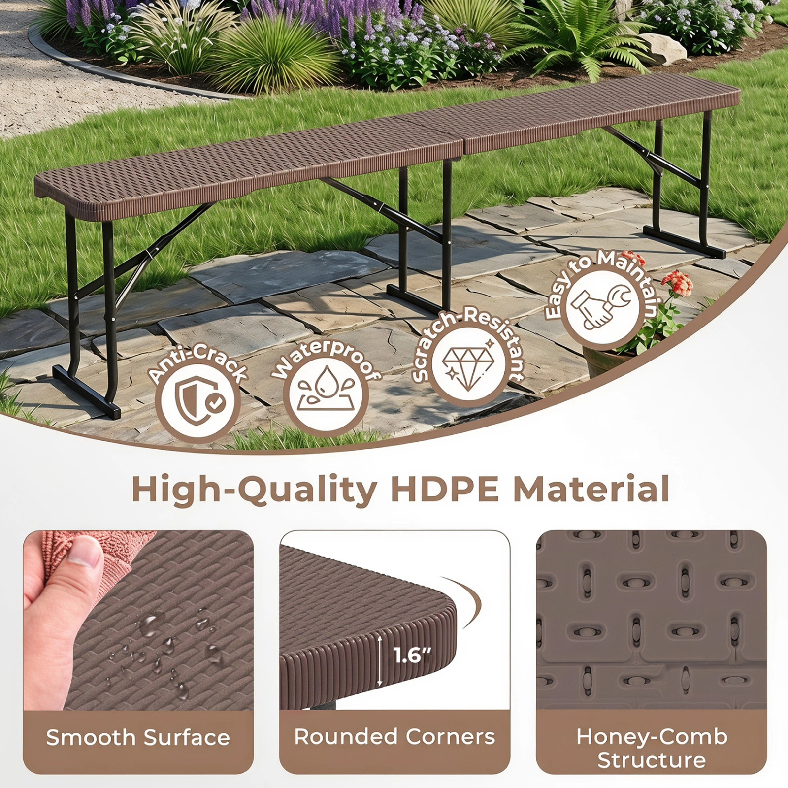 SUGIFT 6-Ft Folding Bench, 660-Lb Capacity, 1.6-In HDPE Seat, Metal Legs, Brown