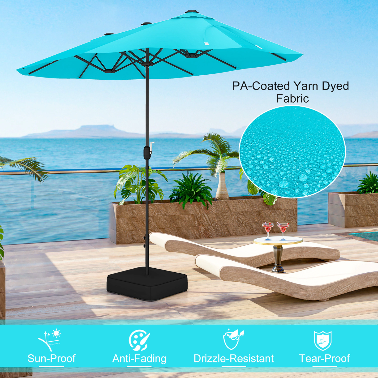 SUGIFT 13-Foot Double-Sided Patio Twin Table Umbrella with Crank Handle and Fillable Cross Base Turquoise