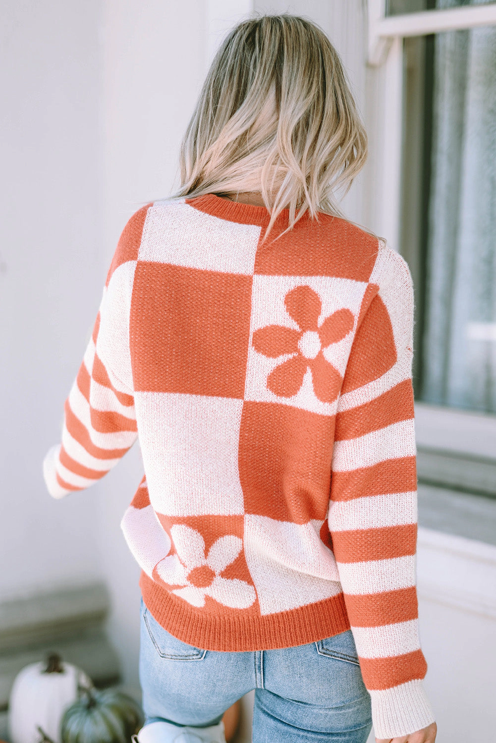 Threaded Pear Women's Miller Checkered Floral Striped Sleeve Sweater