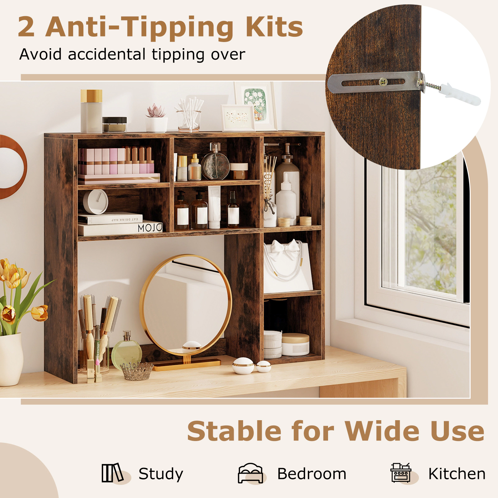 Hivvago Desktop Bookshelf With 7 Open Cubbies And 3 Adjustable Shelves