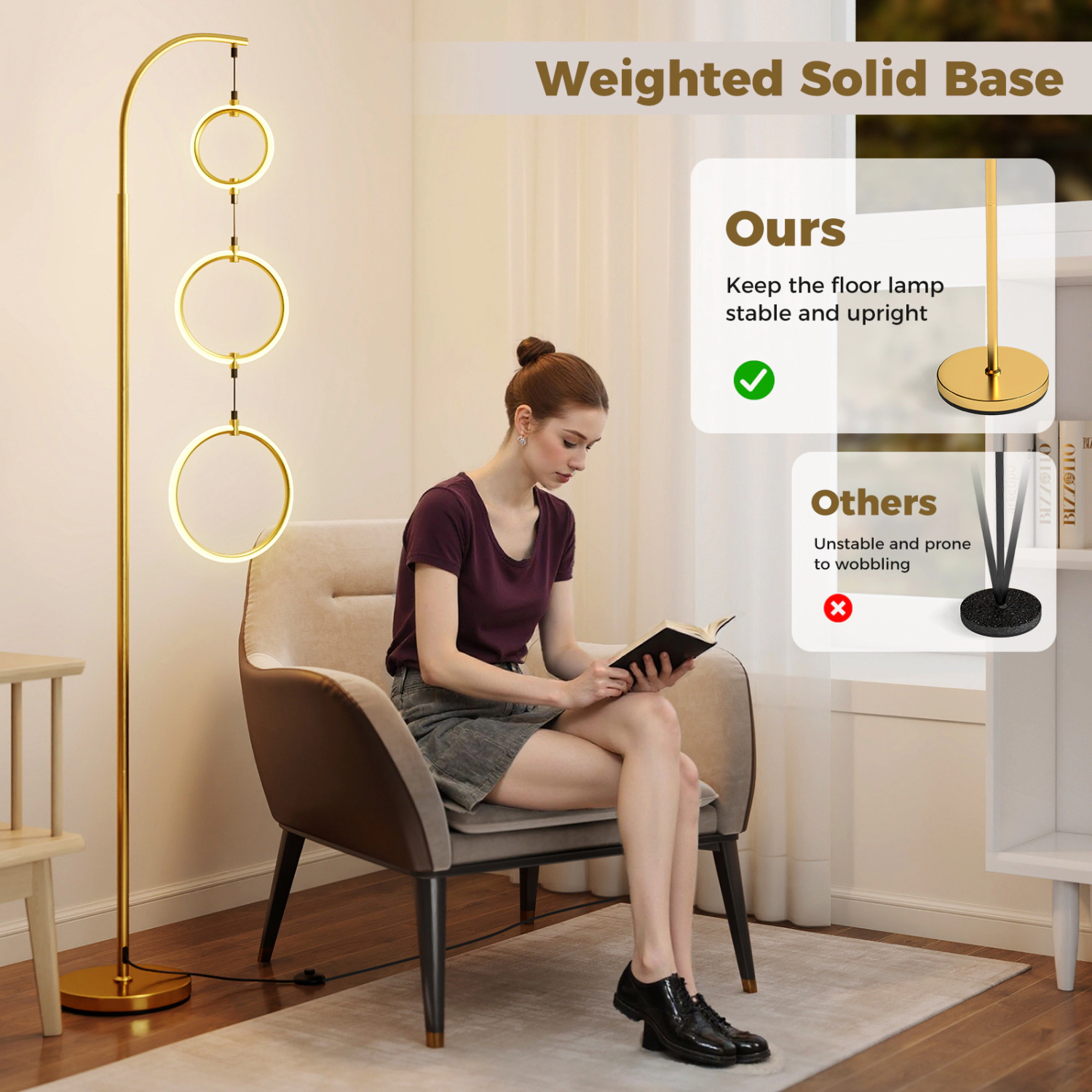 Slickblue Modern 3 Ring LED Floor Lamp 71in Gold Standing Light with Memory Function