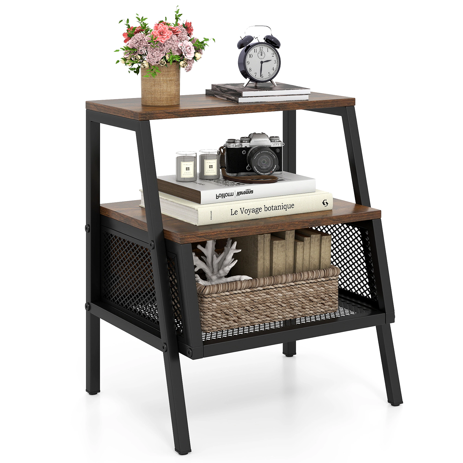 Glintex Industrial 3-Tier Nightstand with Trapezoidal Frame and Metal Mesh Shelf, Rustic Brown