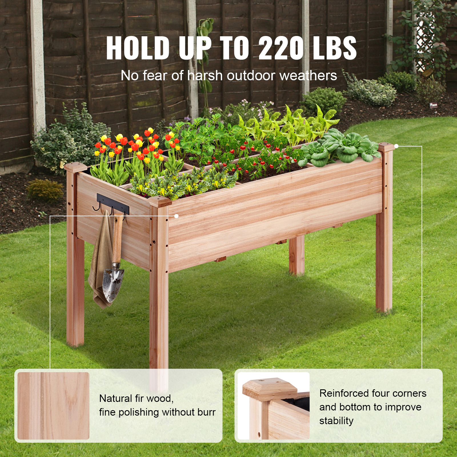 HONGGE 3.9x1.9x2.5 Ft Wooden Raised Garden Bed with Legs, Fir Wood Planter Box, Holds up to 220 lbs