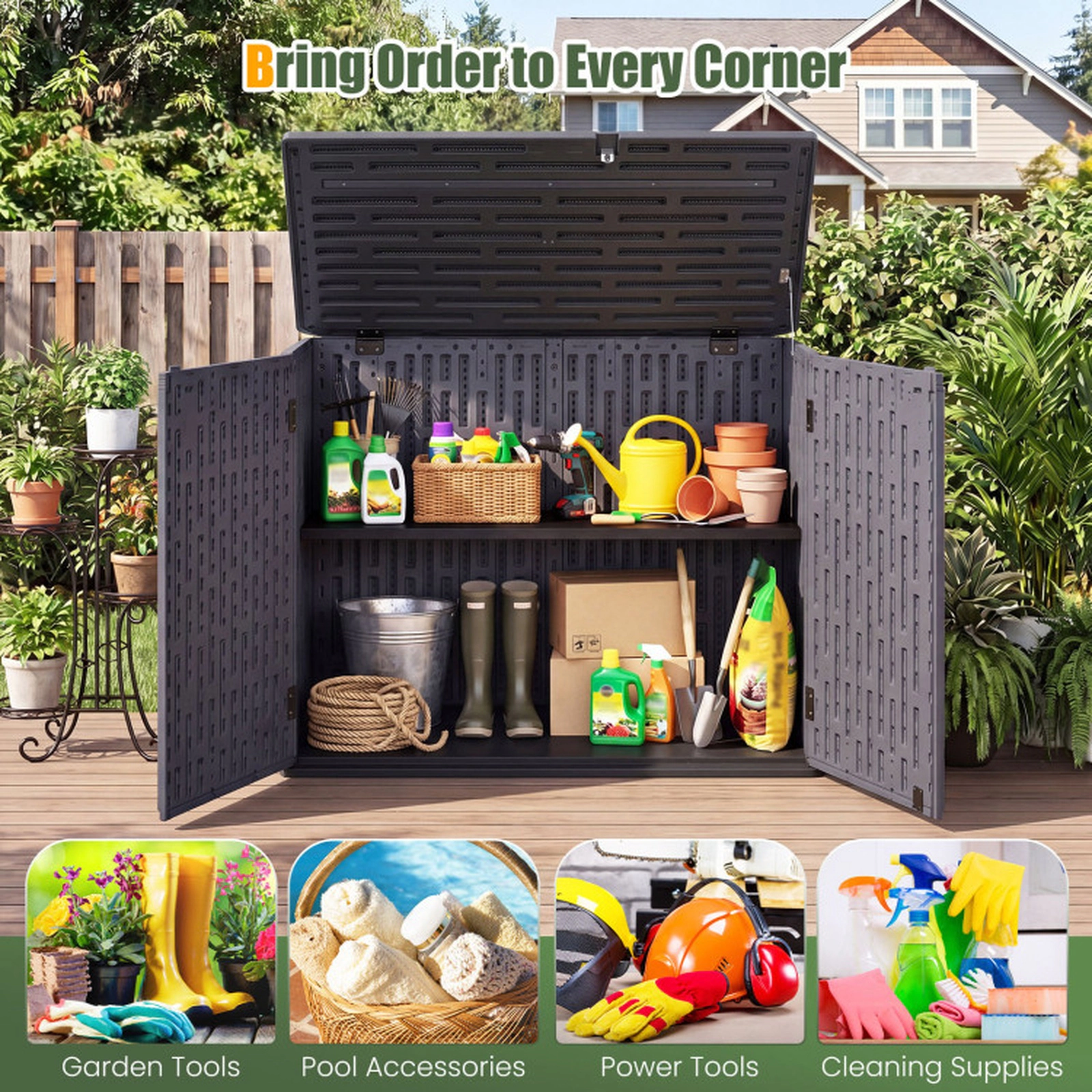 SUGIFT 20 Cu.Ft Horizontal Resin Storage Shed with Adjustable Shelf 860-lb Overall Capacity 46.5-in Wide Brown