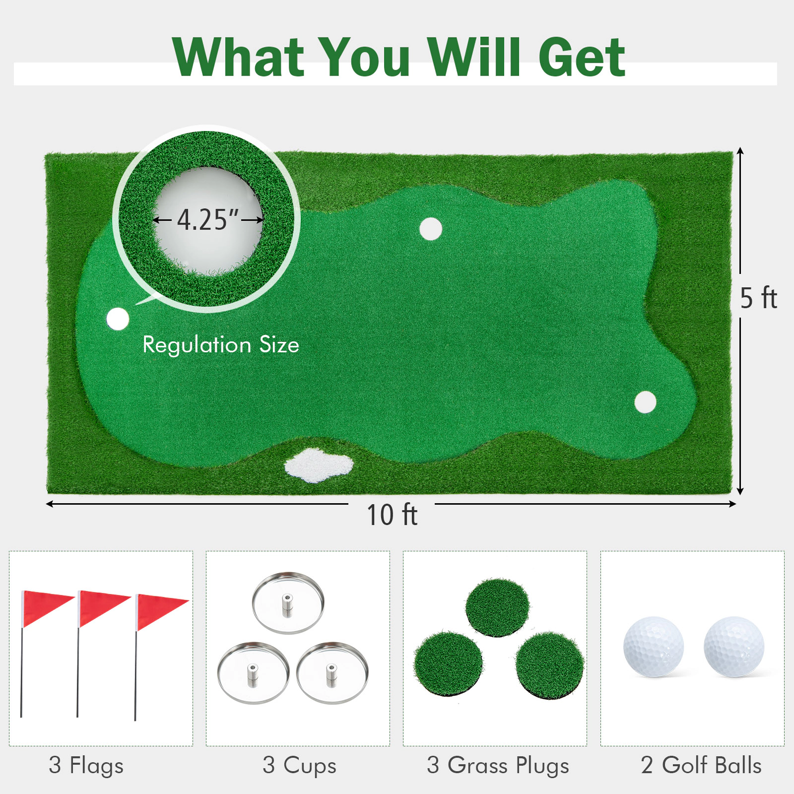 SUGIFT Realistic Artificial Grass Turf and 3 Holes Golf Putting Green Mat