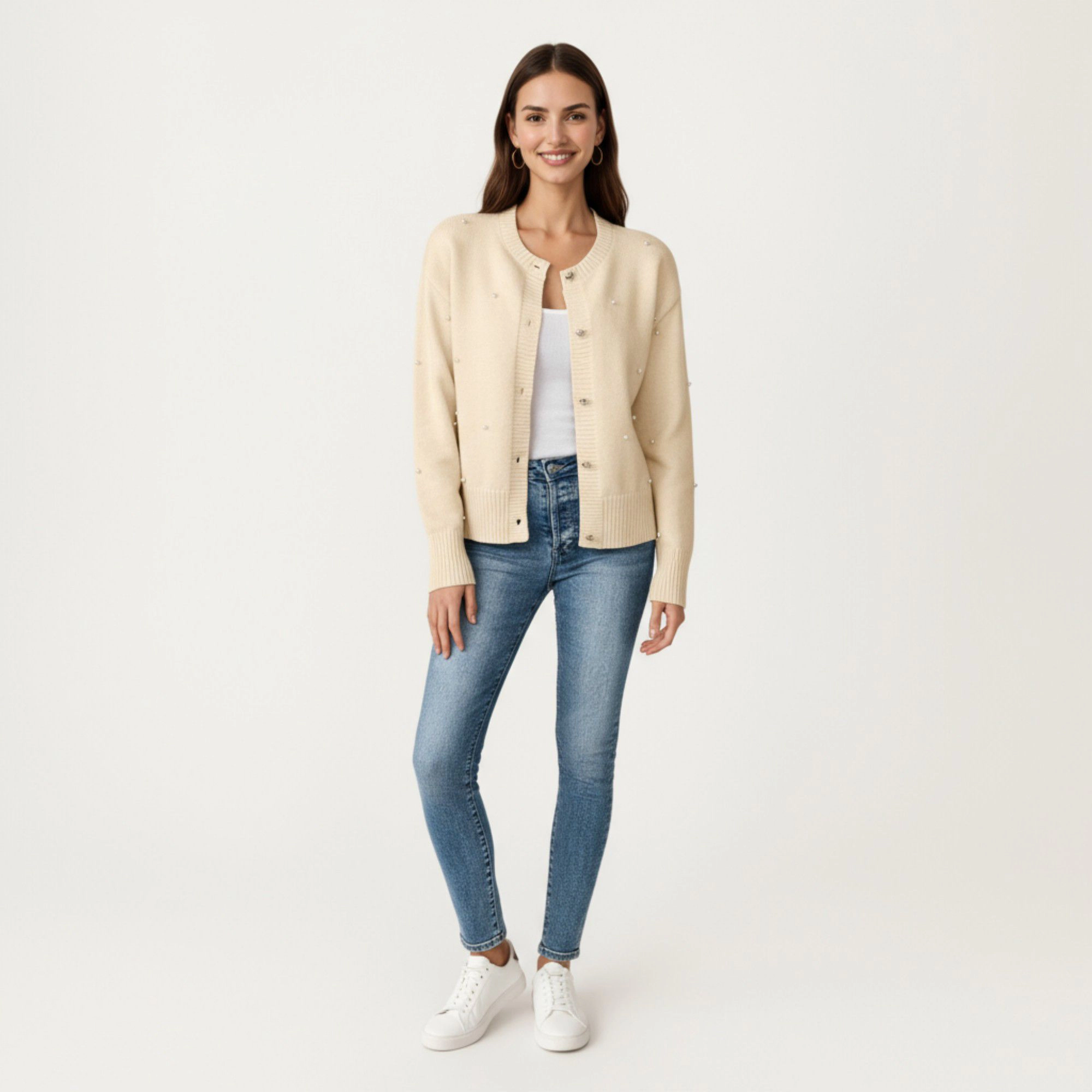 Anna-Kaci Women's Long Sleeve Faux Pearl Embellished Knit Cardigan with Button Front Closure