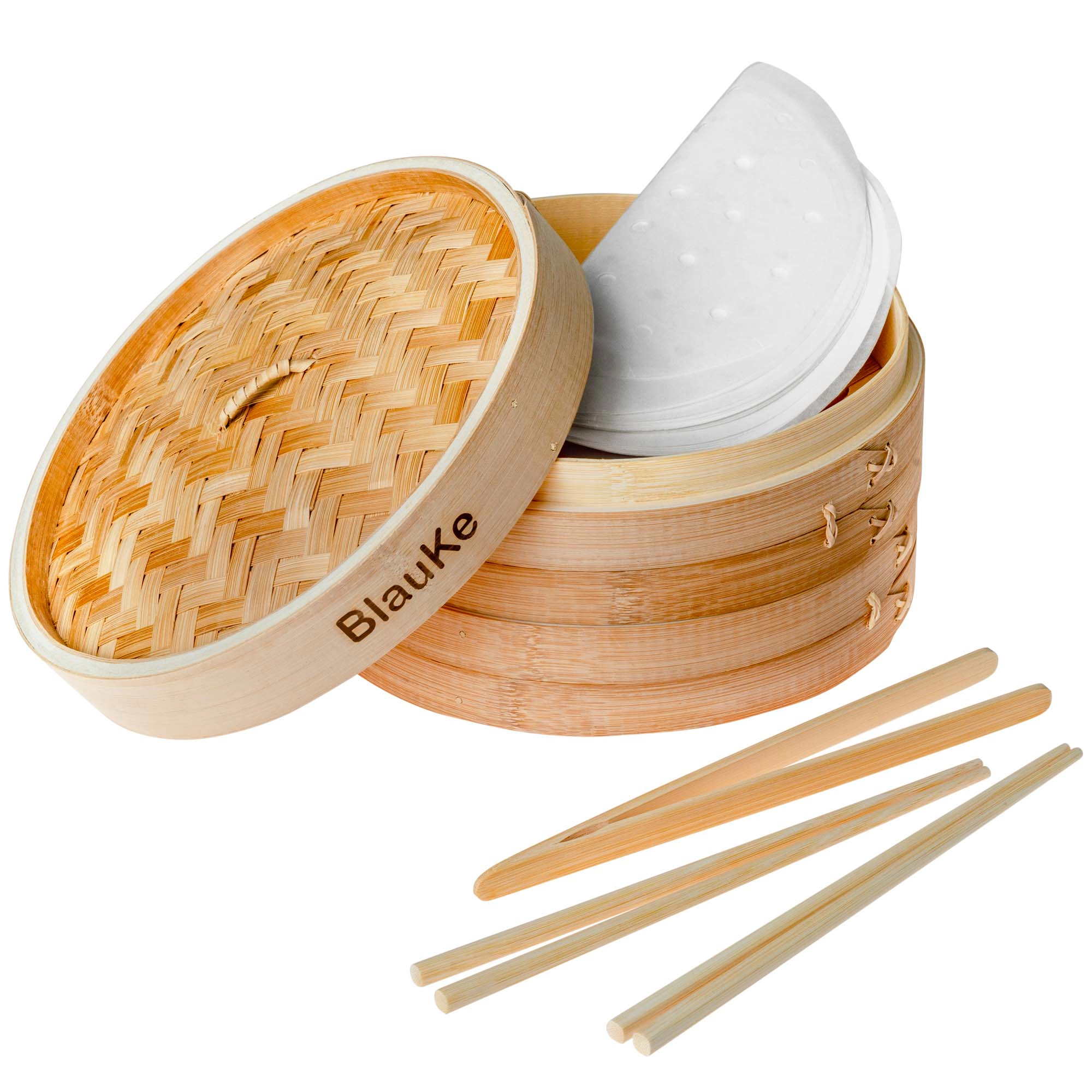 Bamboo Steamer for Cooking Dumplings, Veggies, Fish, Rice - 2 Pairs Chopsticks, Tongs, 50 Paper Liners