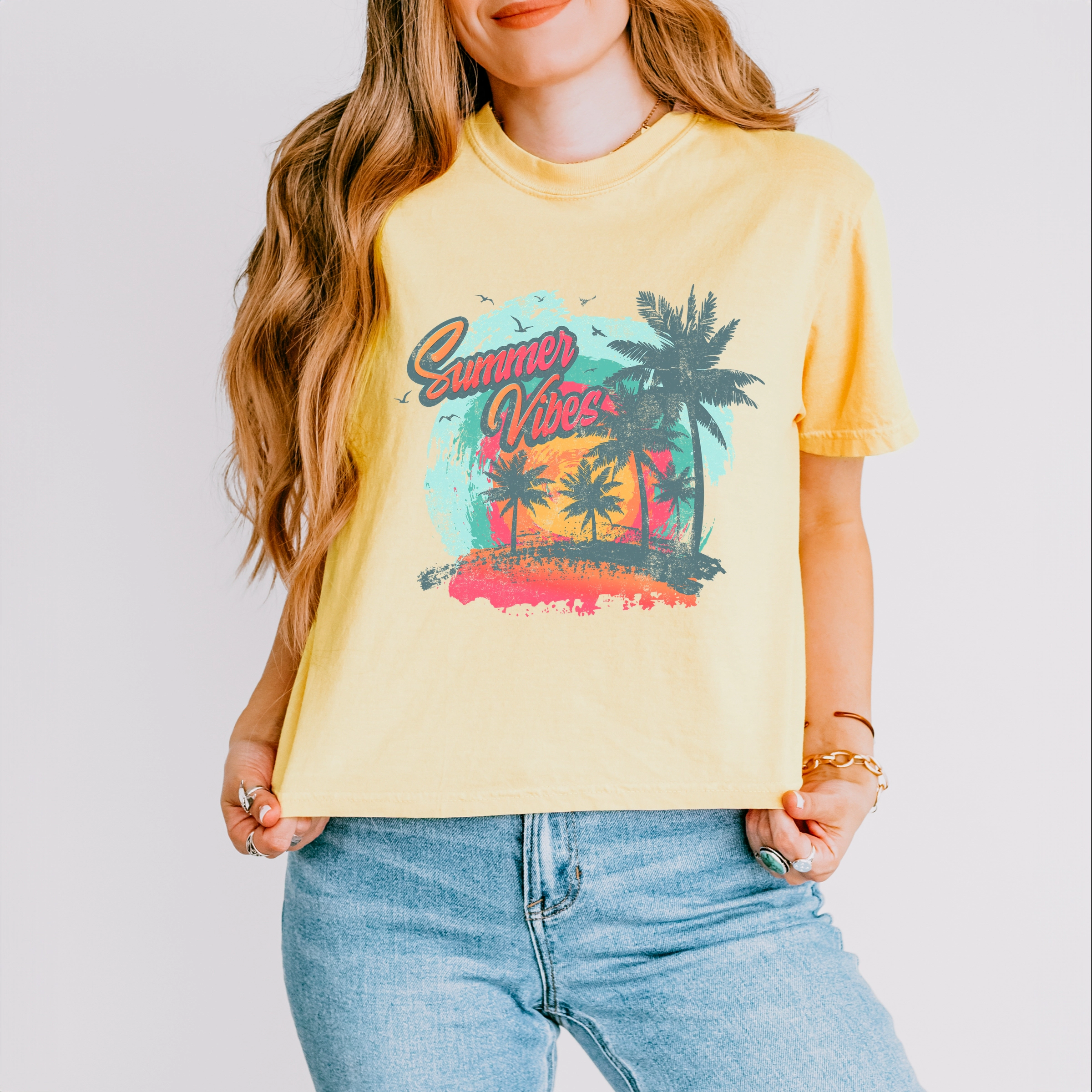 Simply Sage Market - Summer Vibes Vintage Women's Boxy Crop Top Graphic T-Shirt