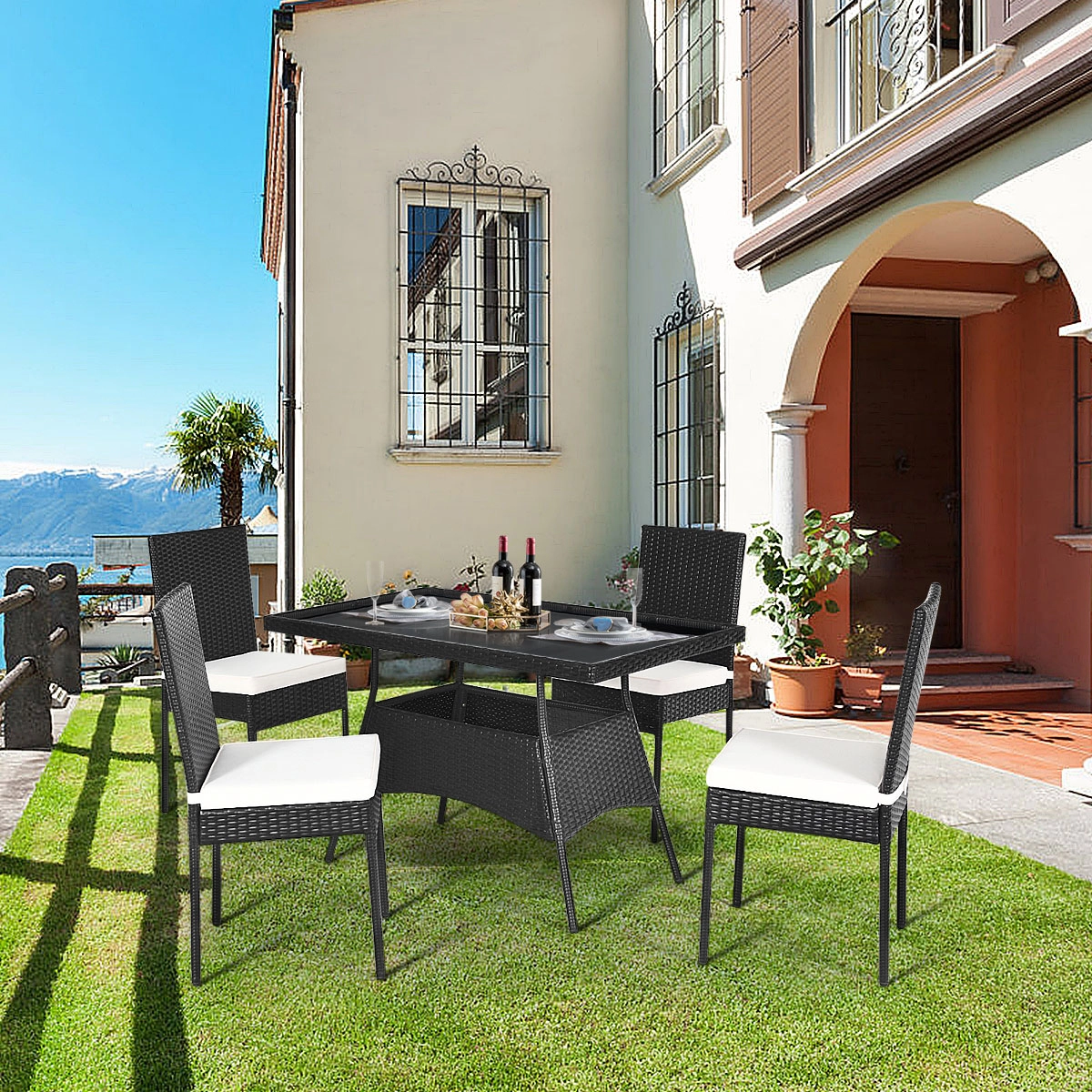 LJG 5 Pieces Rattan Dining Set Glass Table High Back Chair