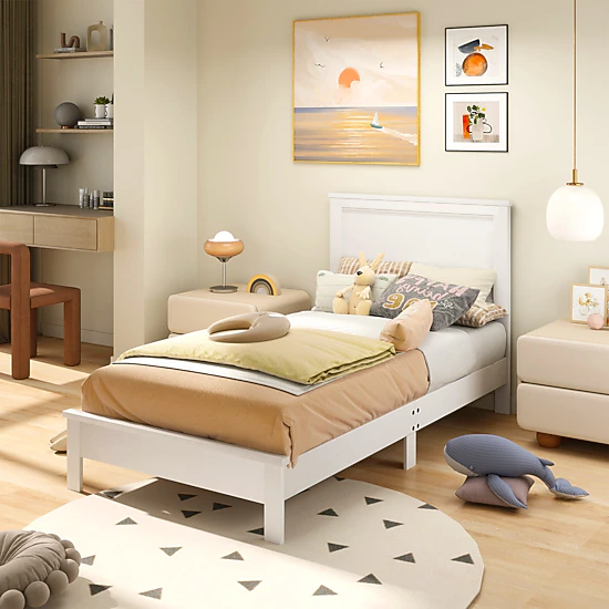 LJG Twin Size Wooden Bed Frame with Headboard and Slat Support