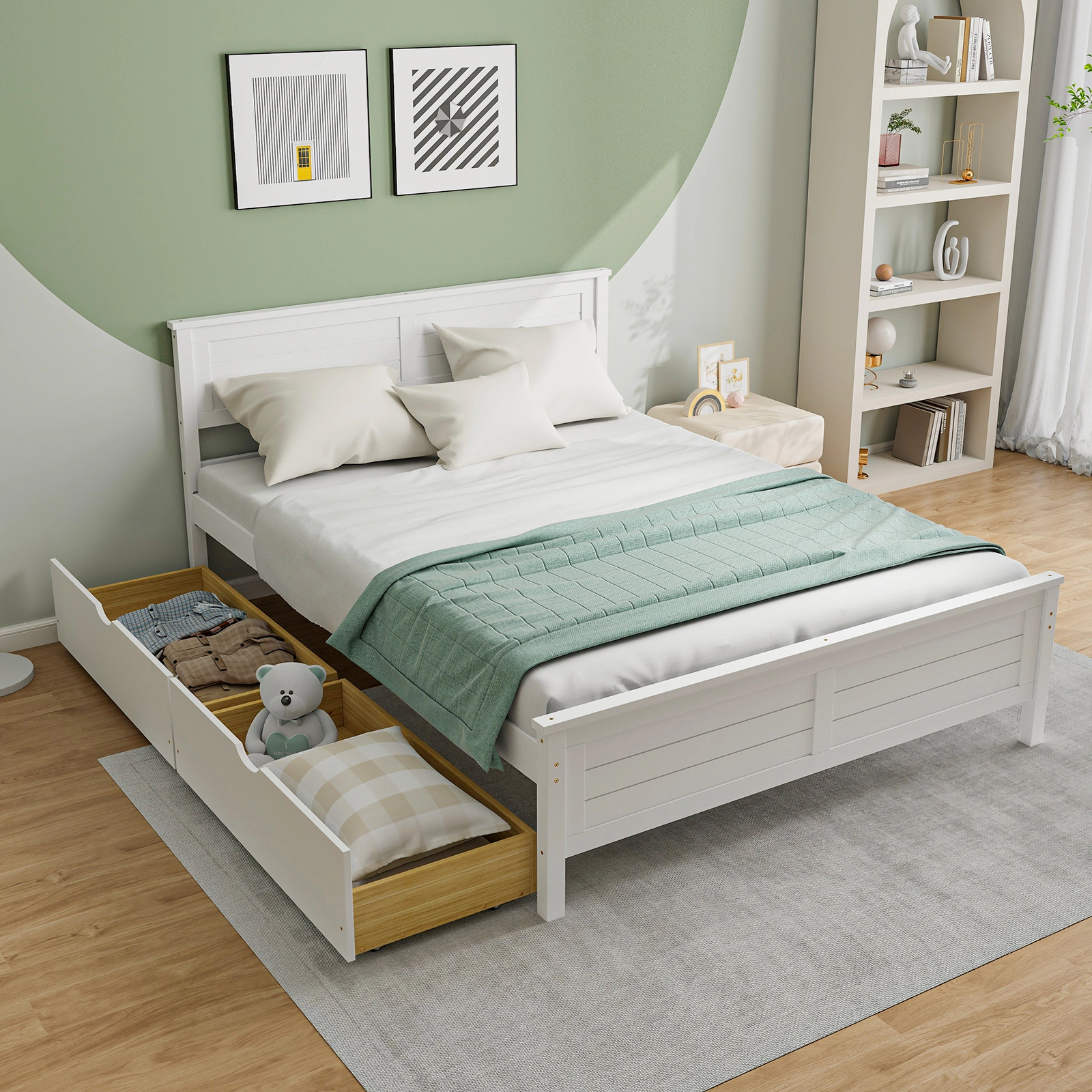 Full Size Bed Frame White Wood Platform Bed with Solid Wood Headboard Footboard 2 Under Bed Drawers