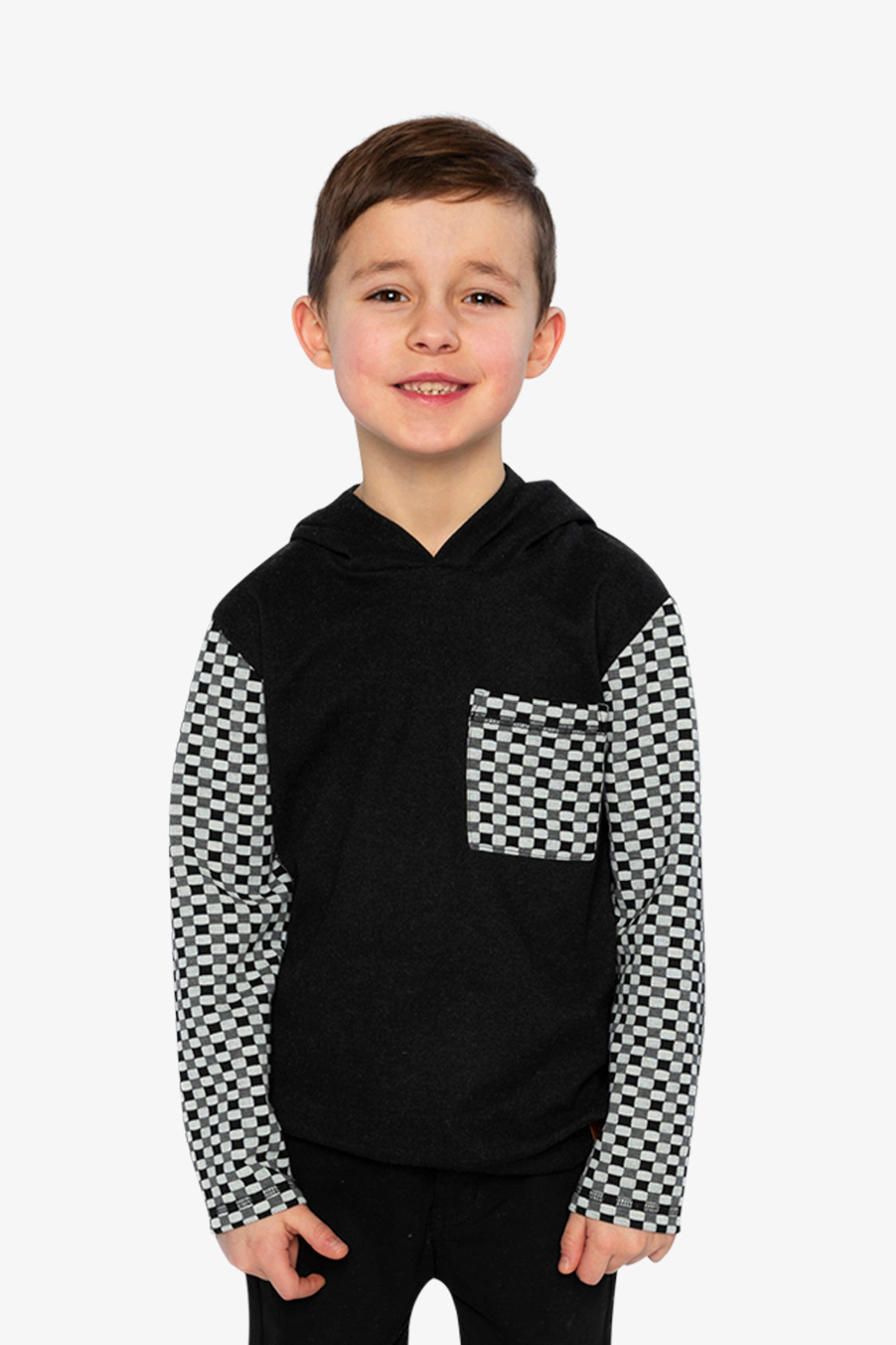 Deux par Boys Checkered Colorblock Hooded Top with Chest Pocket