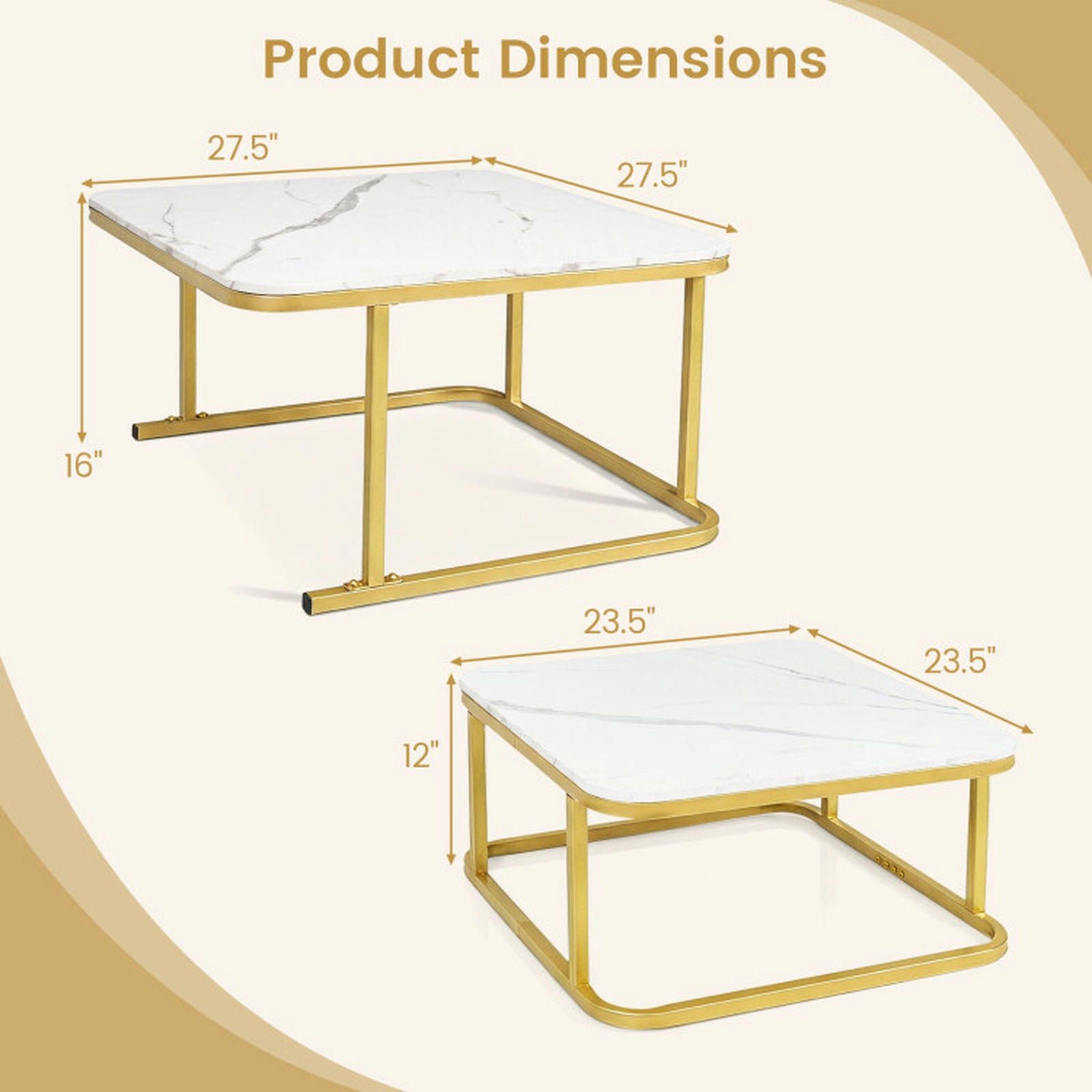 SUGIFT Nesting Stacking Coffee Table Set of 2 with Faux Marble Top and Metal Frame 66-lb Capacity White & Gold/Black