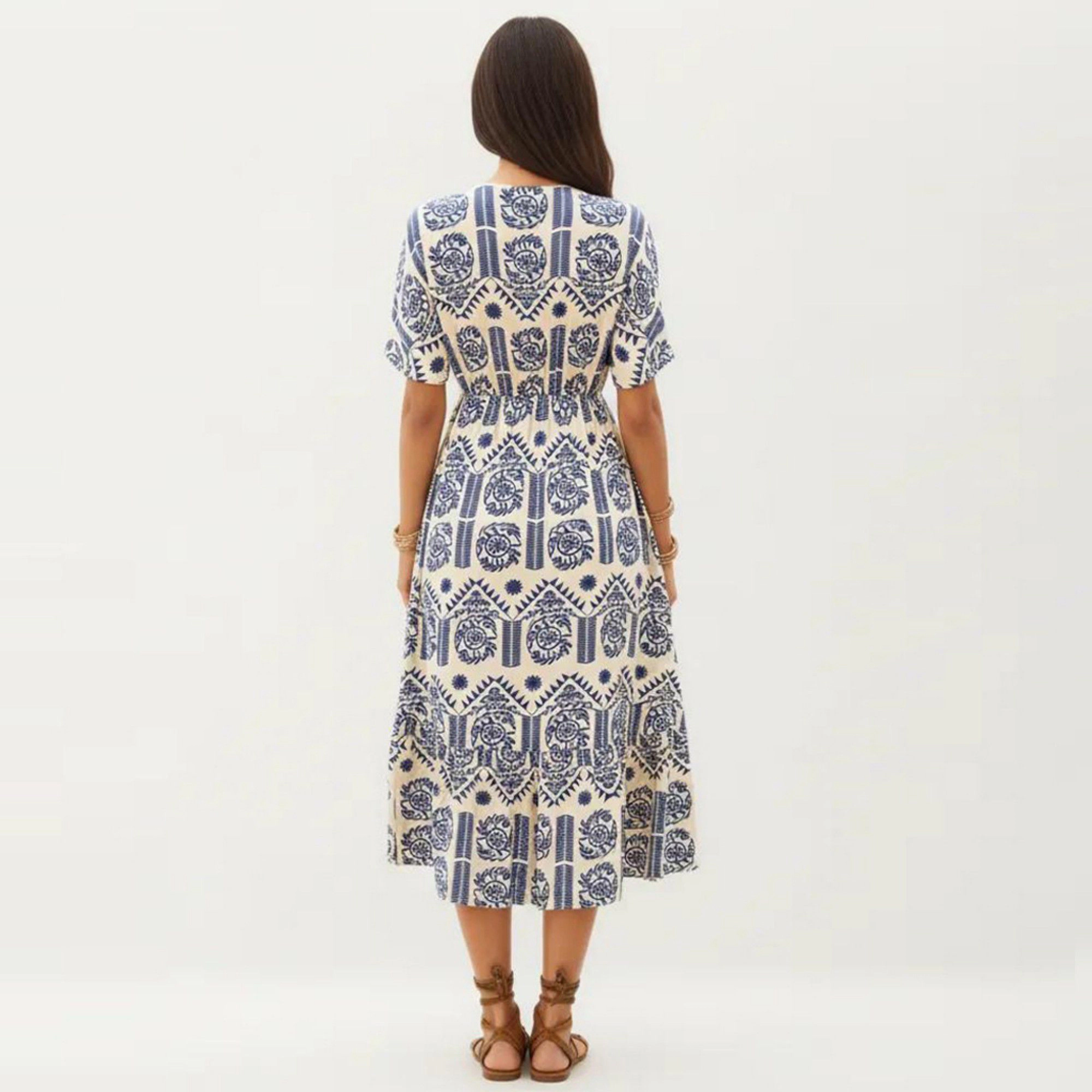 Anna-Kaci Womens Printed V-Neck Drawstring Waist Tiered Midi Dress