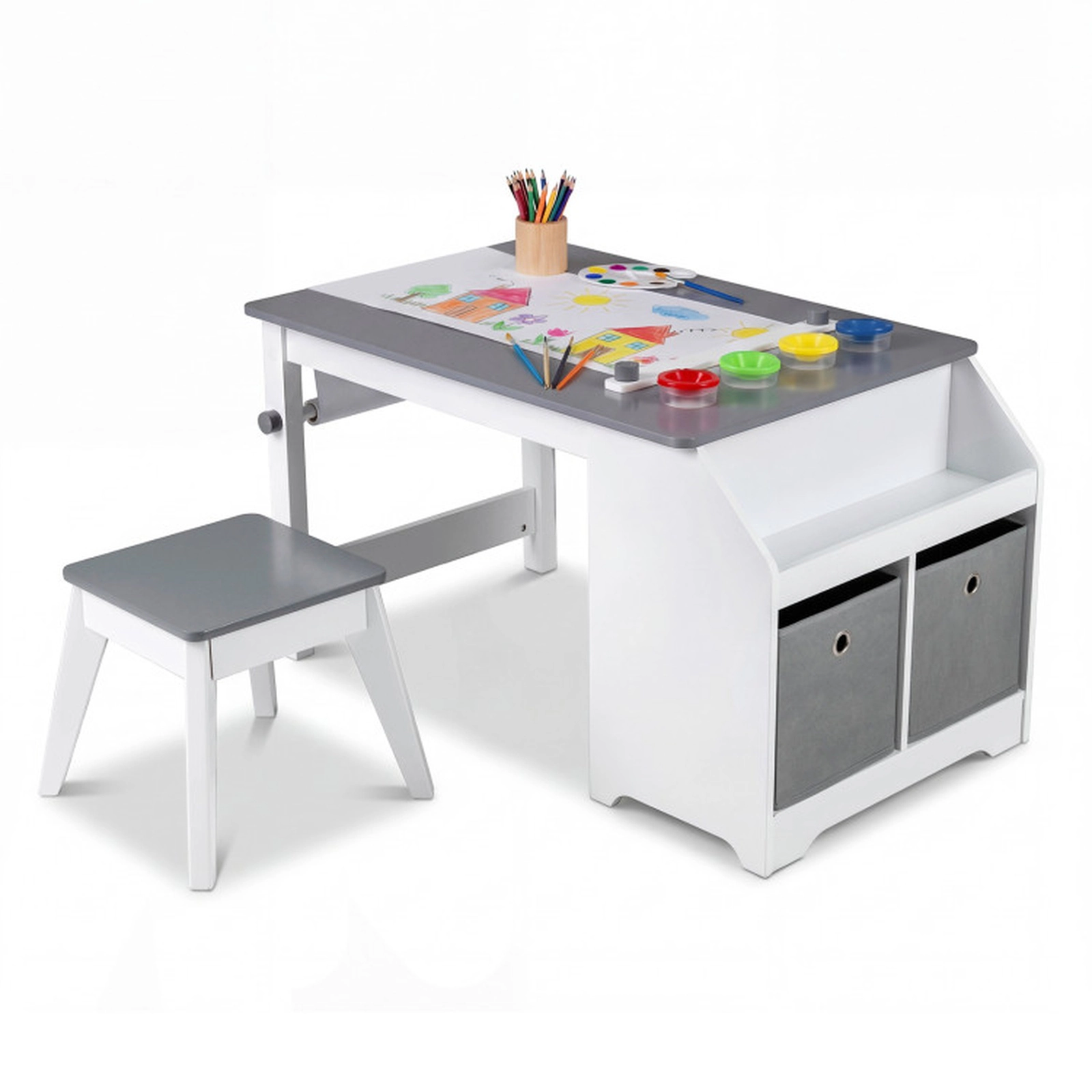 SUGIFT Gray Paper Roll 4 Paint Cups and Fabric Bins Kids Art Table and Stool Set
