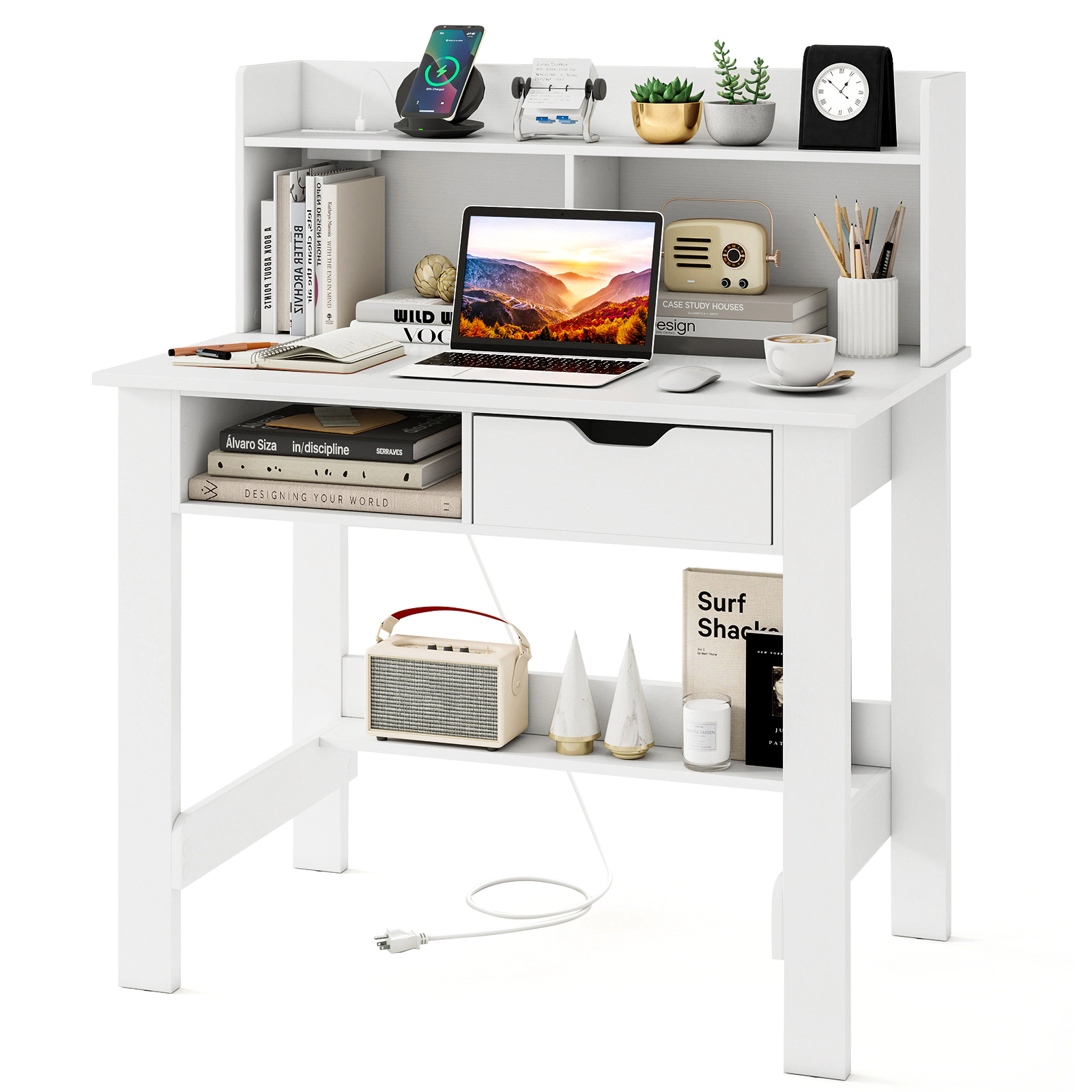 LJG Home Office Computer Desk with Storage Shelves and Drawer Ideal for Working and Studying