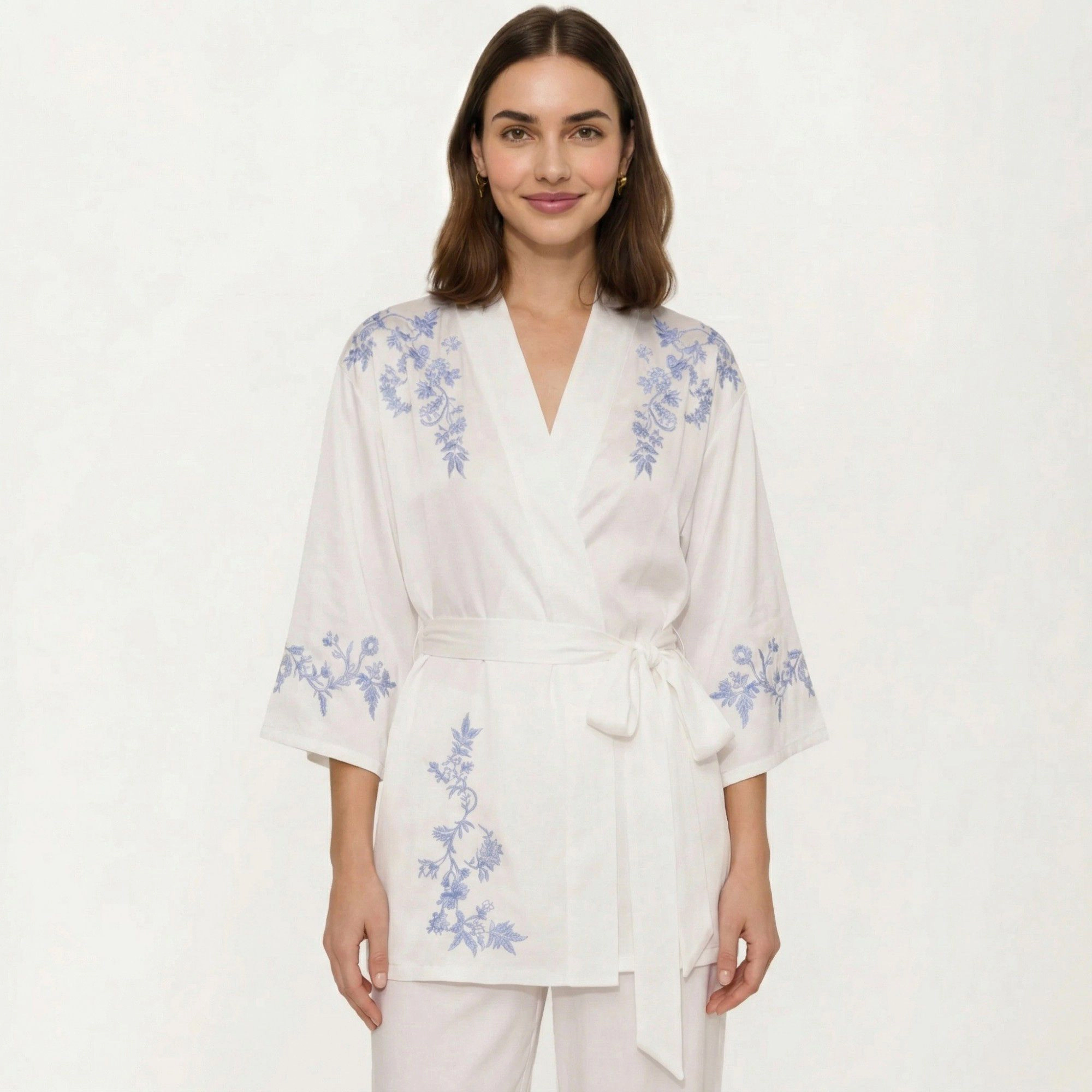 Anna-Kaci Women's 3-Piece Pajama Set with Wrap Tie Robe Long Sleeve Top and Wide Leg Pants Lightweight Relaxed Sleepwear