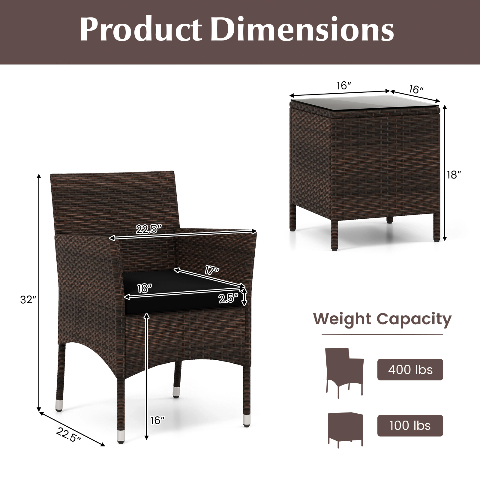 SUGIFT 3-Piece Brown PE Rattan Patio Conversation Set with Cushions and Tempered Glass Table