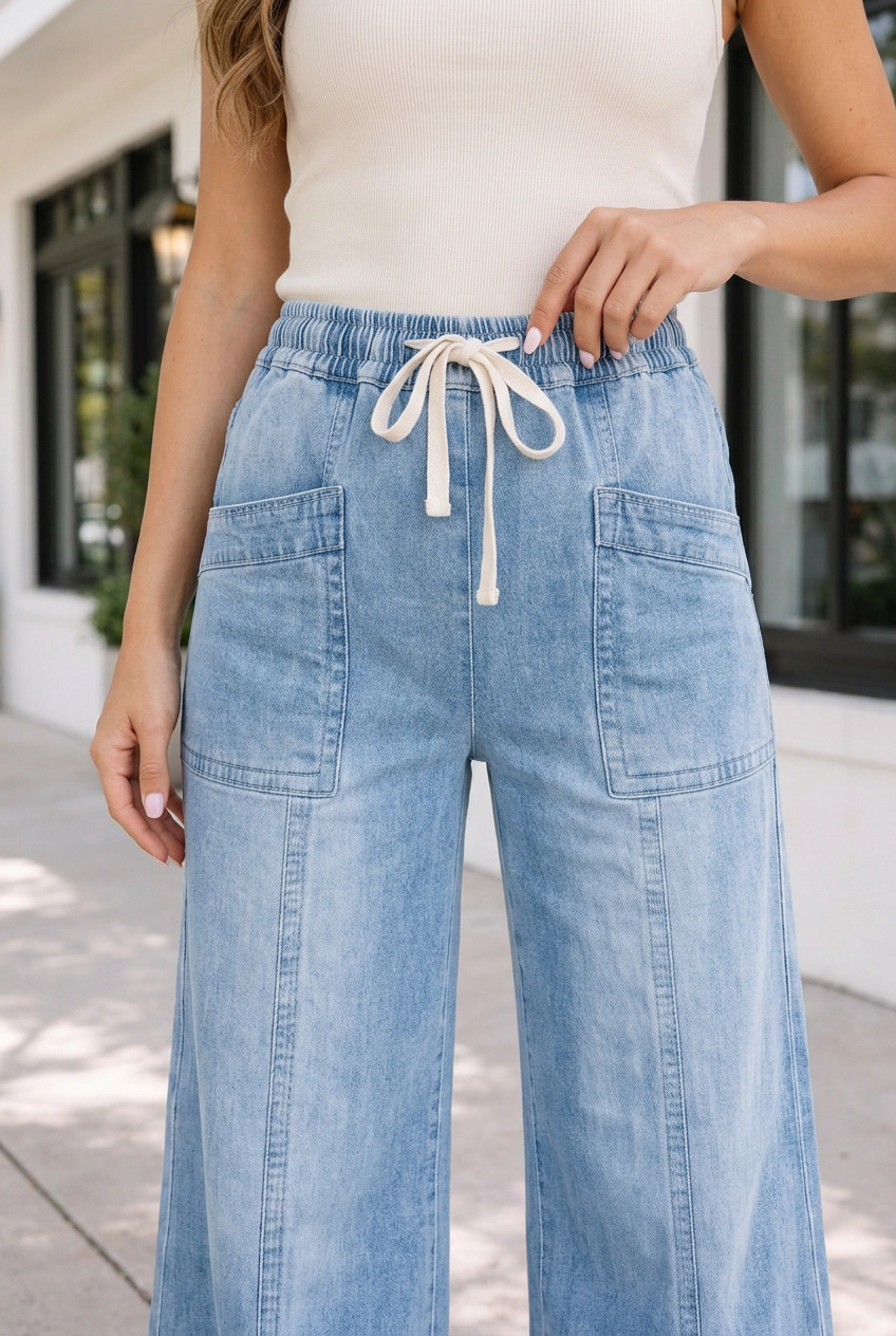 Threaded Pear Womens Amia Ankle Length Jeans - Beau Blue Elastic Waistband, Patch Pockets
