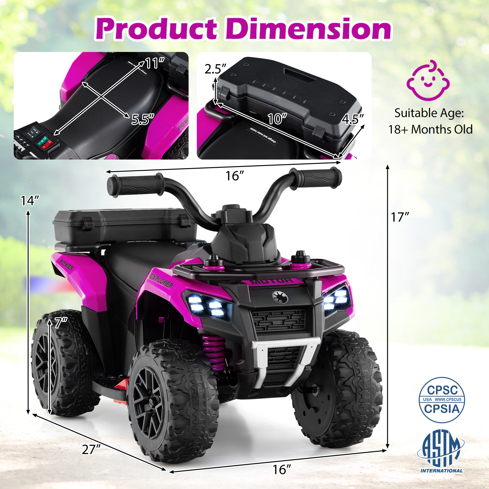 SUGIFT 6V Kids Ride On ATV with Spray Function and Storage Box 44-lb Capacity Ages 18 Months and Up 27-in Long Pink