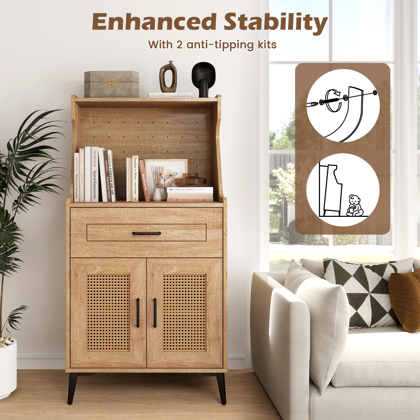 SUGIFT 45.5-in Pegboard Back Rattan Doors Adjustable Shelves Coffee Bar Cabinet 23.5-in x 15.5-in 200-lb Capacity Oak