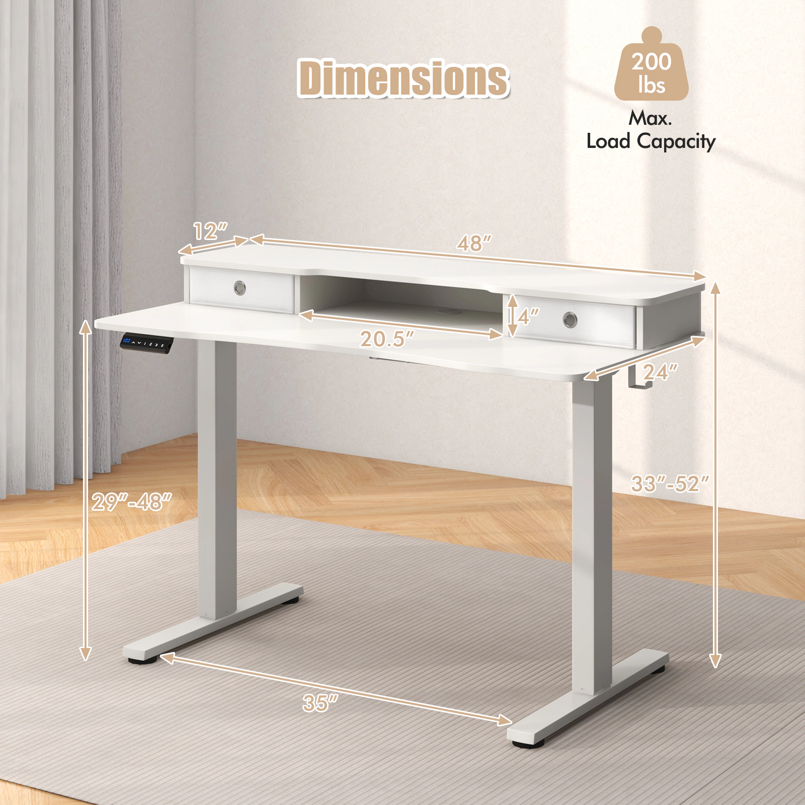 SUGIFT 48 x 24 in Height Adjustable Electric Standing Desk with Monitor Shelf and 2 Drawers 200-Lb Capacity White