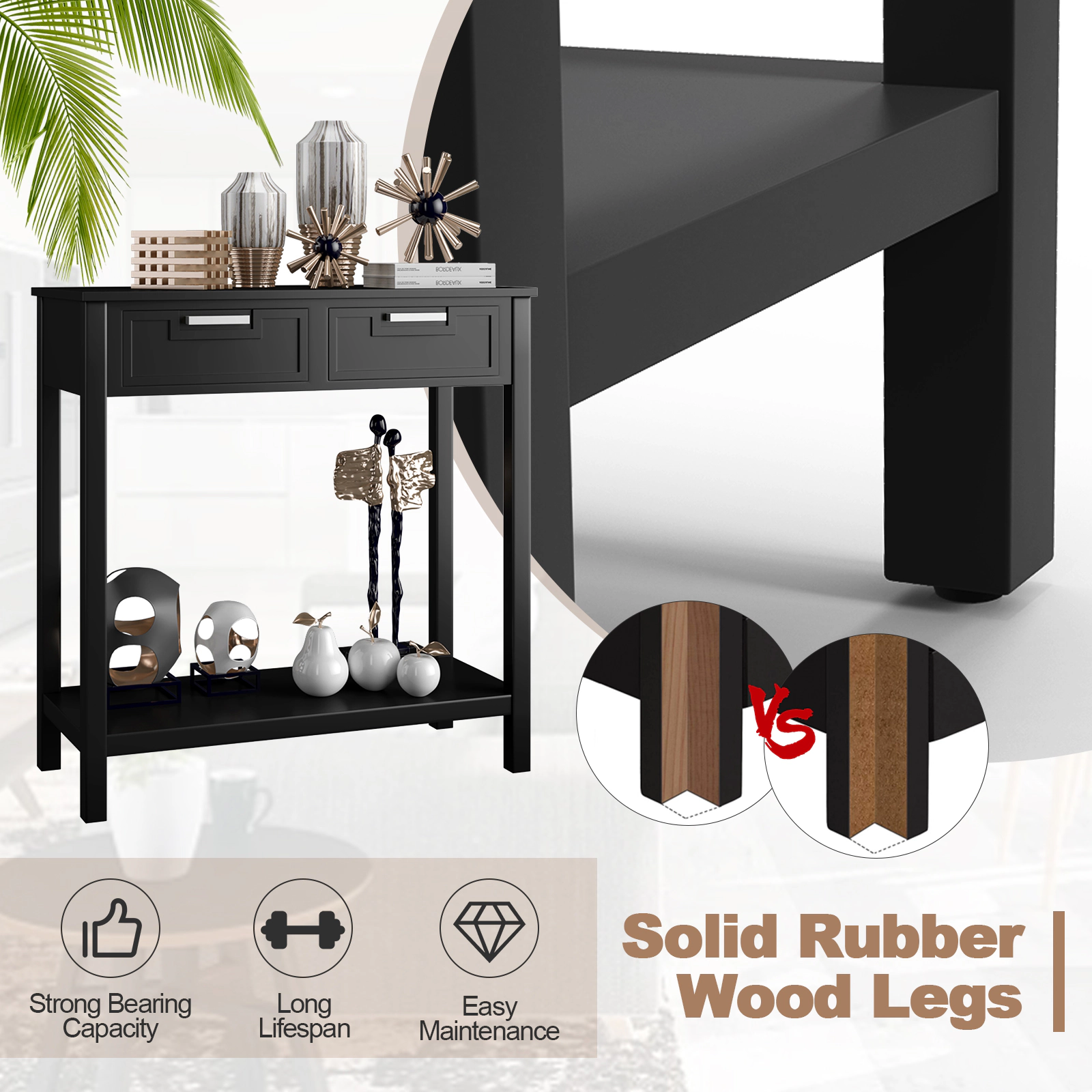 SUGIFT 31.5-in 110-lb Capacity Black Solid Wood Leg Console Sofa Table with 2 Drawers and Bottom Shelf