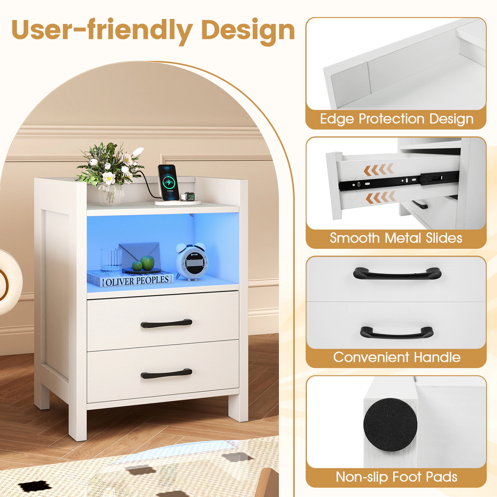 SlickBlue Modern Nightstand with Storage and Charging Station