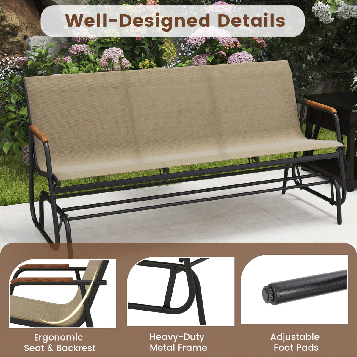 SUGIFT 3-Person Brown Outdoor Patio Glider Bench, 990-Lb Capacity, Teak Armrests