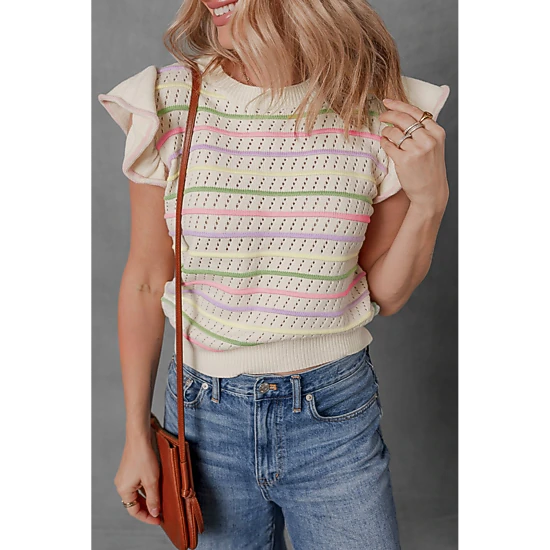 Threaded Pear Women's Annalise Striped Eyelet Ruffled Sleeve Sweater