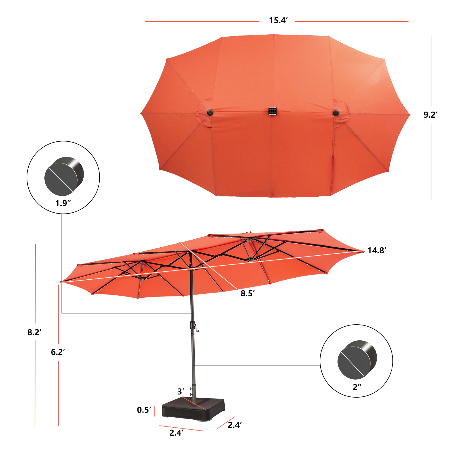 SUGIFT 15.4-ft Double-Sided Patio Umbrella with 48 Solar LED Lights & Sand-Ready Base Outdoor Garden Market Style Orange