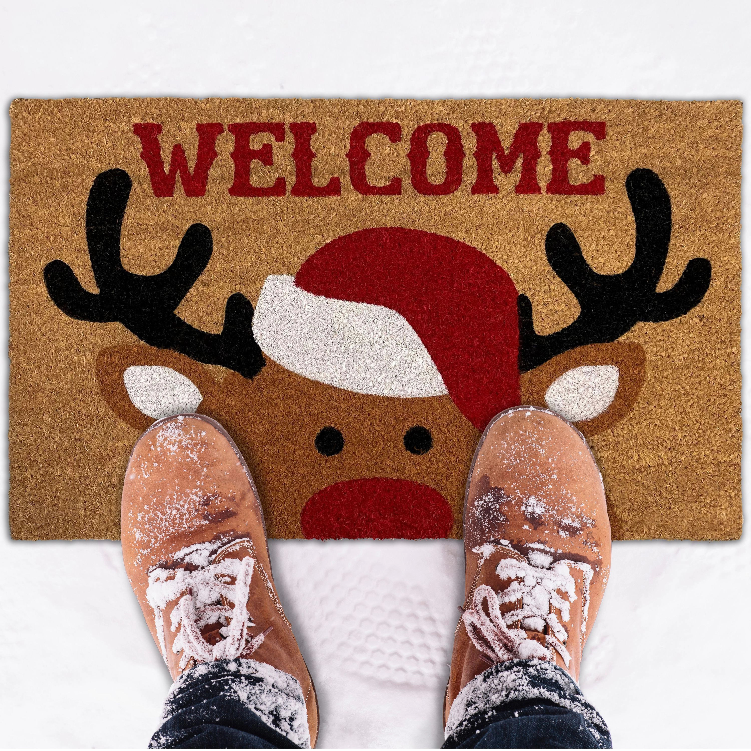 Kate Aurora Festive Christmas Wonderland Santa Reindeer Bristled Indoor & Outdoor Holiday Welcome Mat - 18"x30"