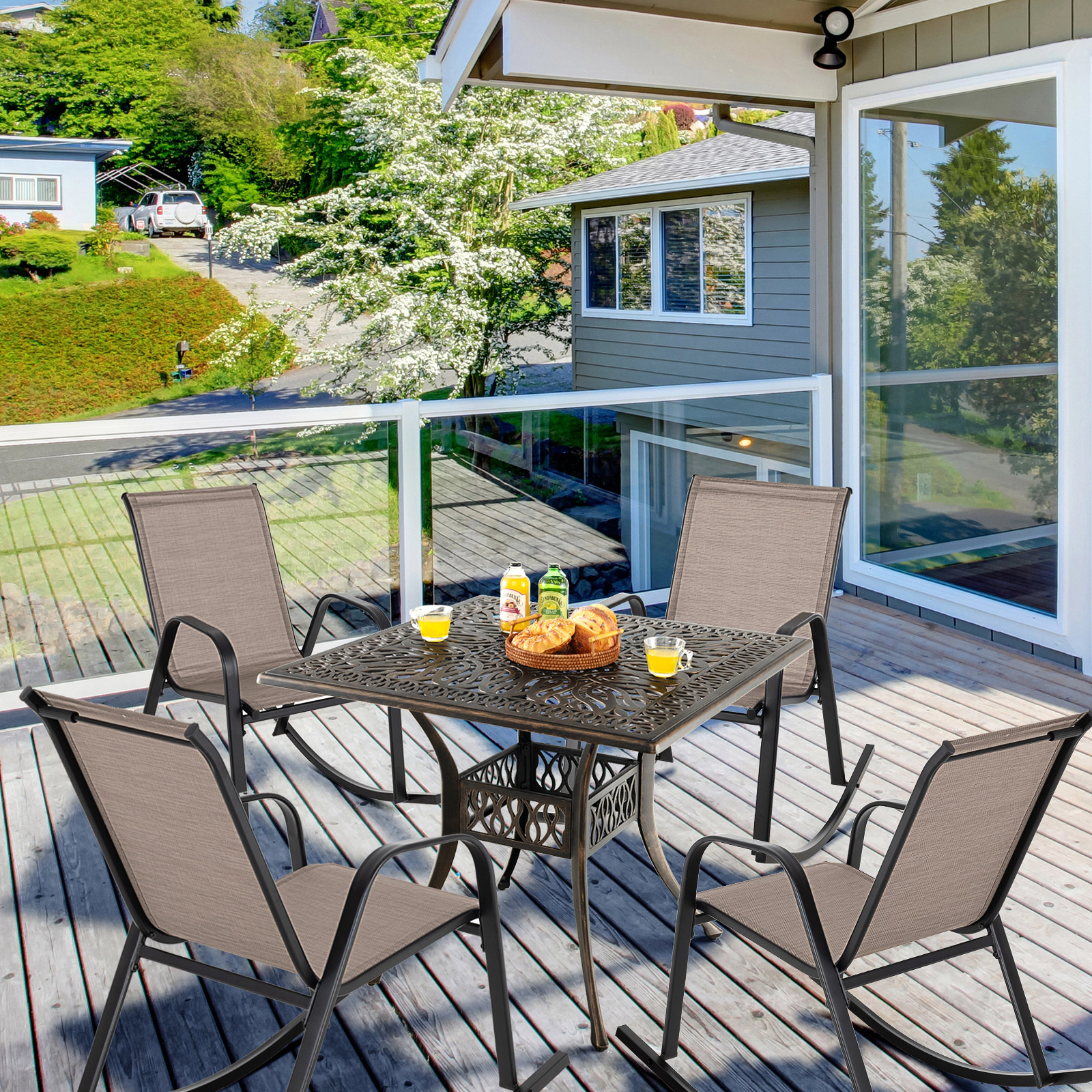 LJG Set of 2 Metal Patio Rocking Chair with Breathable Seat Fabric