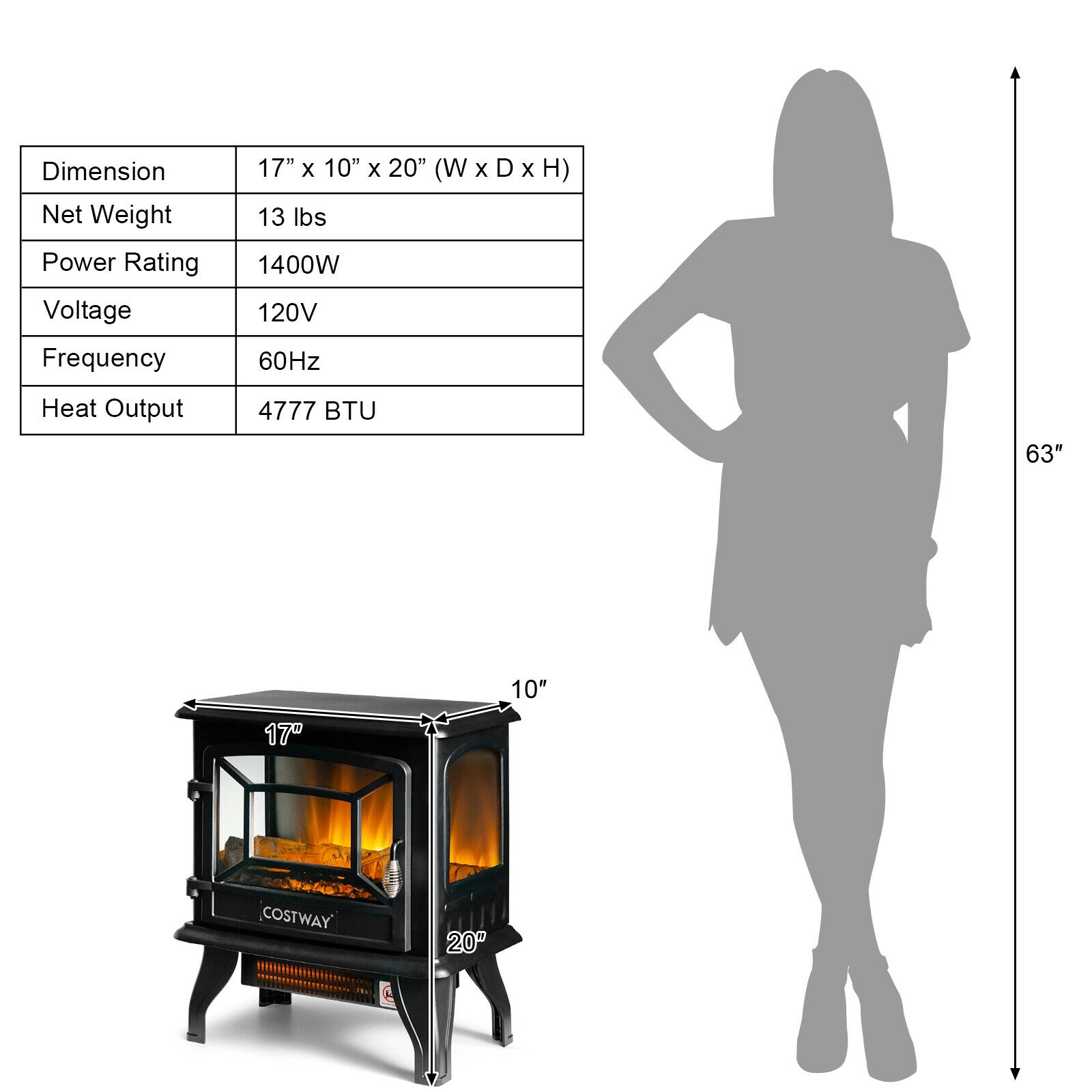 SUGIFT 1400W Freestanding Electric Fireplace Stove, 4777 BTU, 3-Sided View, Openable Door